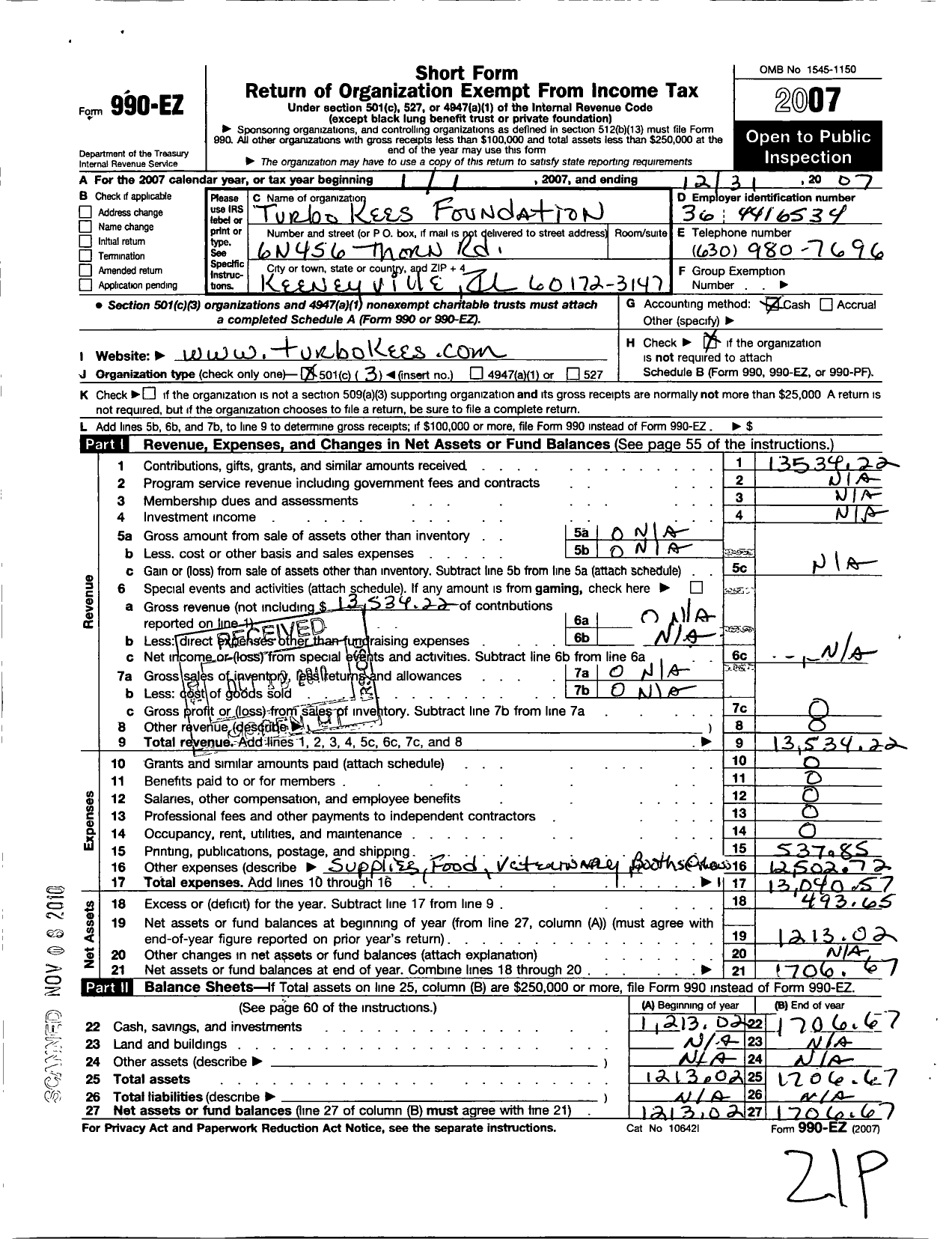 Image of first page of 2007 Form 990EZ for Turbo Kees Foundation