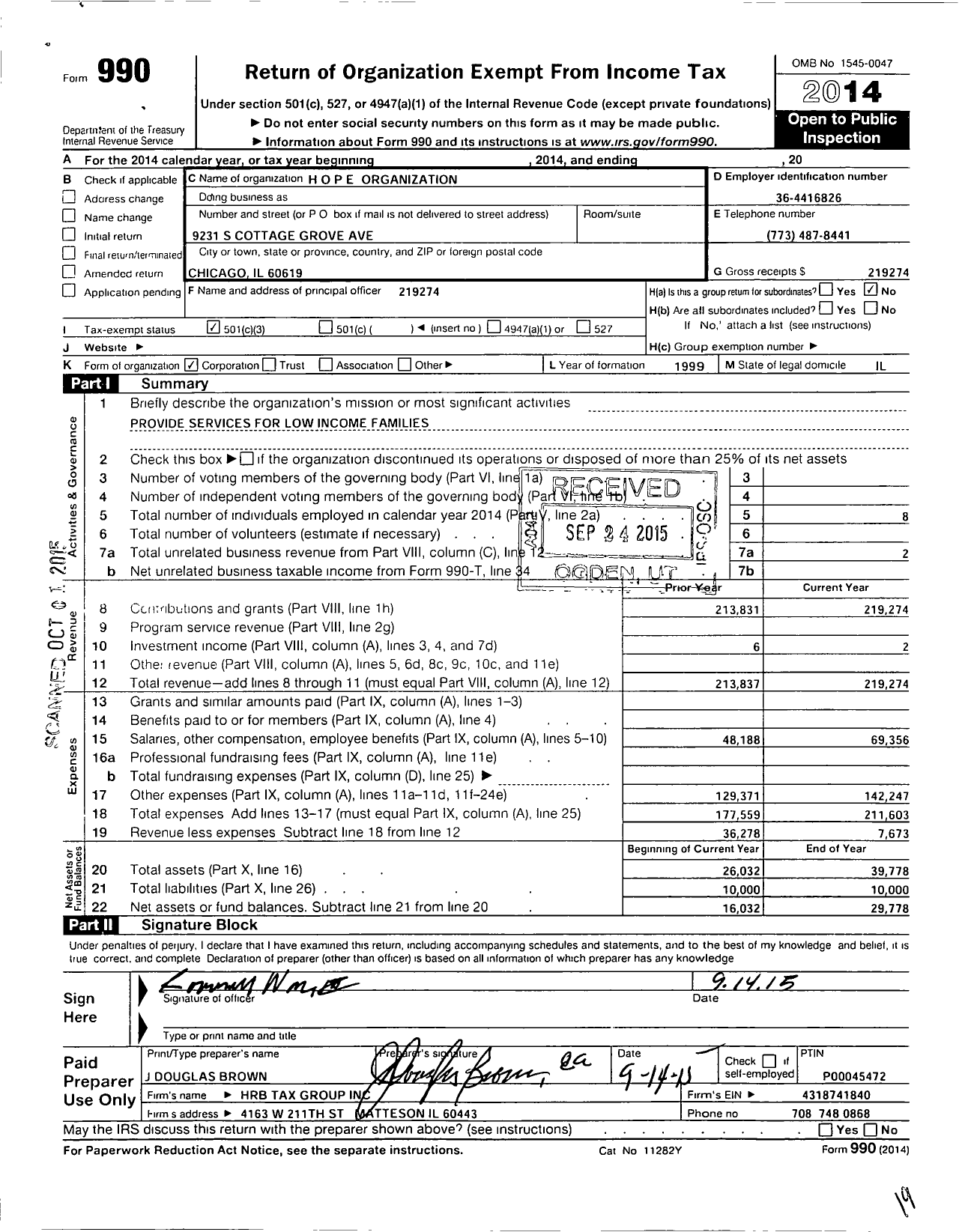 Image of first page of 2014 Form 990 for HOPE Organization