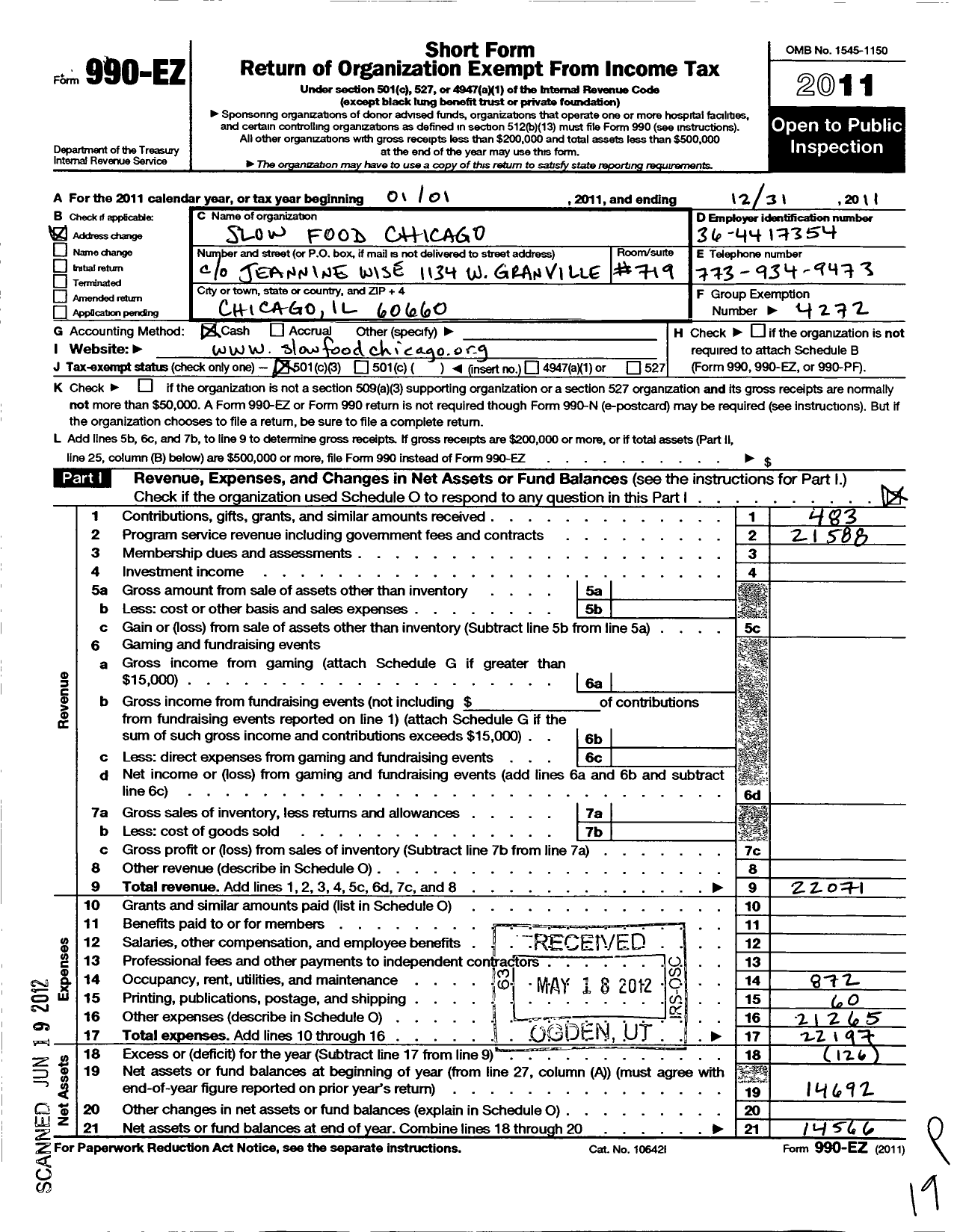 Image of first page of 2011 Form 990EZ for Slow Food USA / Slow Food Chicago