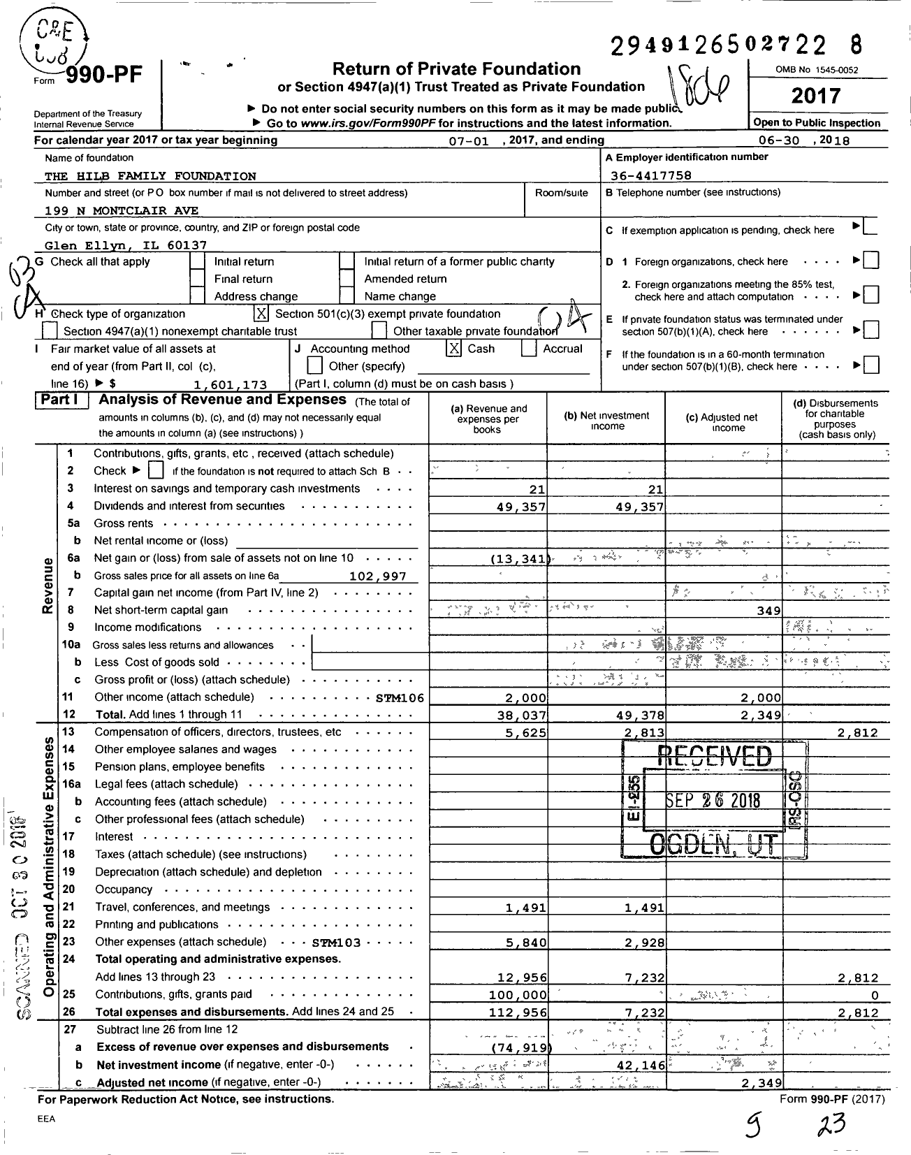 Image of first page of 2017 Form 990PF for The Hilb Family Foundation