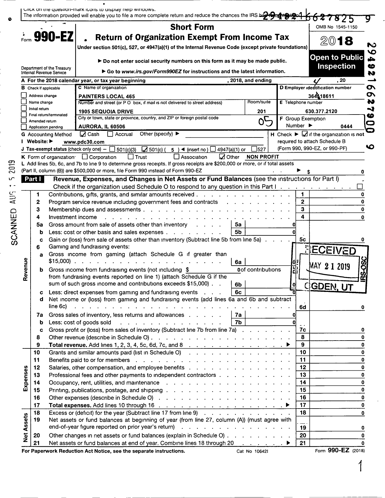 Image of first page of 2018 Form 990EO for International Union of Painters and Allied Trades - 465 Painters Local Union