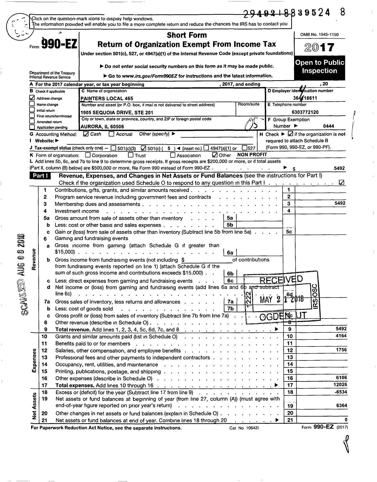 Image of first page of 2017 Form 990EO for International Union of Painters and Allied Trades - 465 Painters Local Union