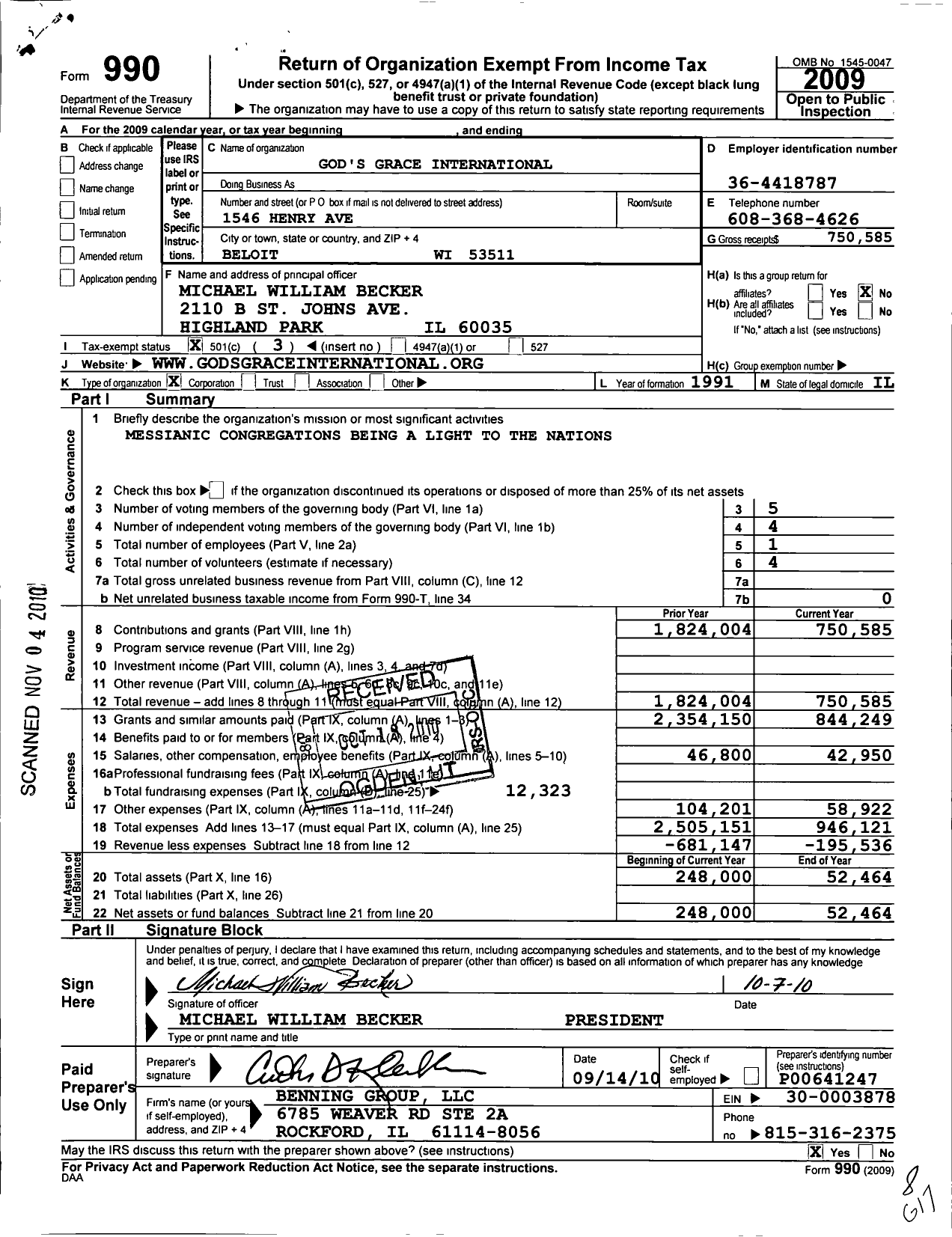 Image of first page of 2009 Form 990 for Gods Grace International