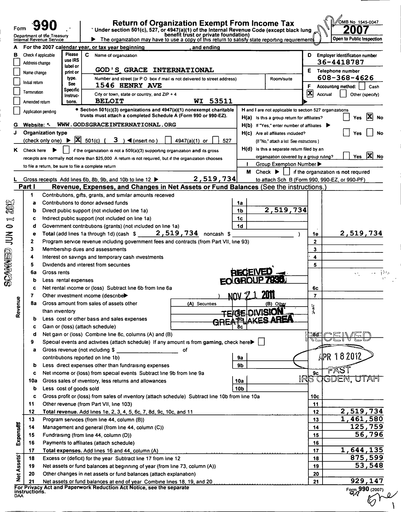 Image of first page of 2007 Form 990 for Gods Grace International