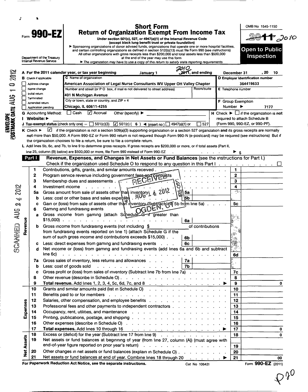 Image of first page of 2010 Form 990EO for American Association of Legal Nurse Consultants / W Virginia Upper Ohio Valley CHPTR