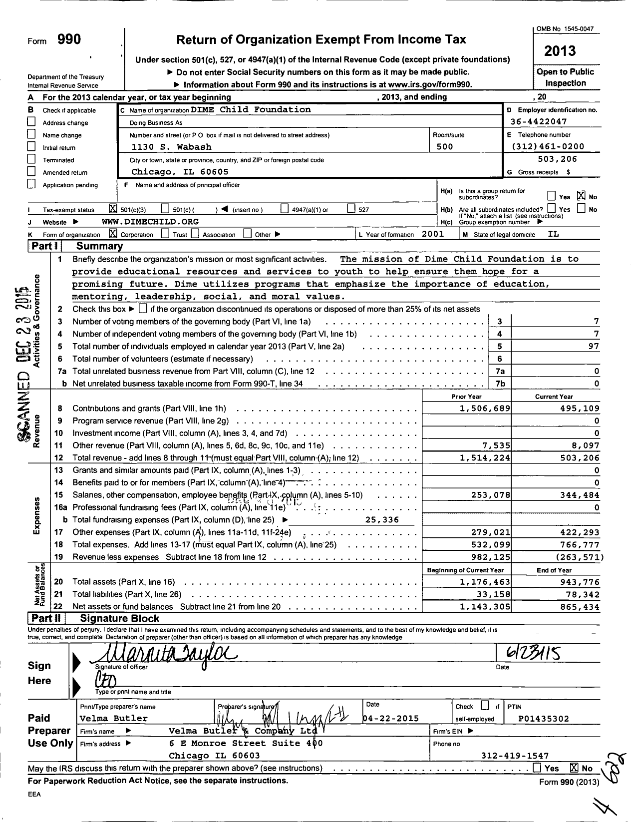 Image of first page of 2013 Form 990 for DIME Child Foundation