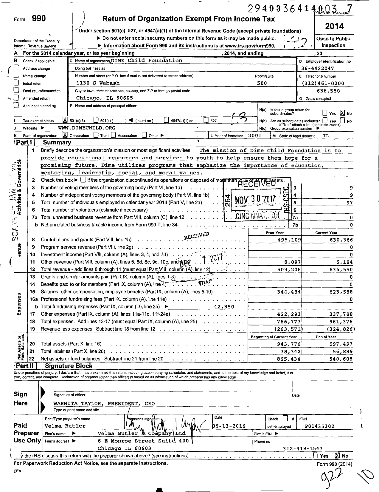 Image of first page of 2014 Form 990 for DIME Child Foundation