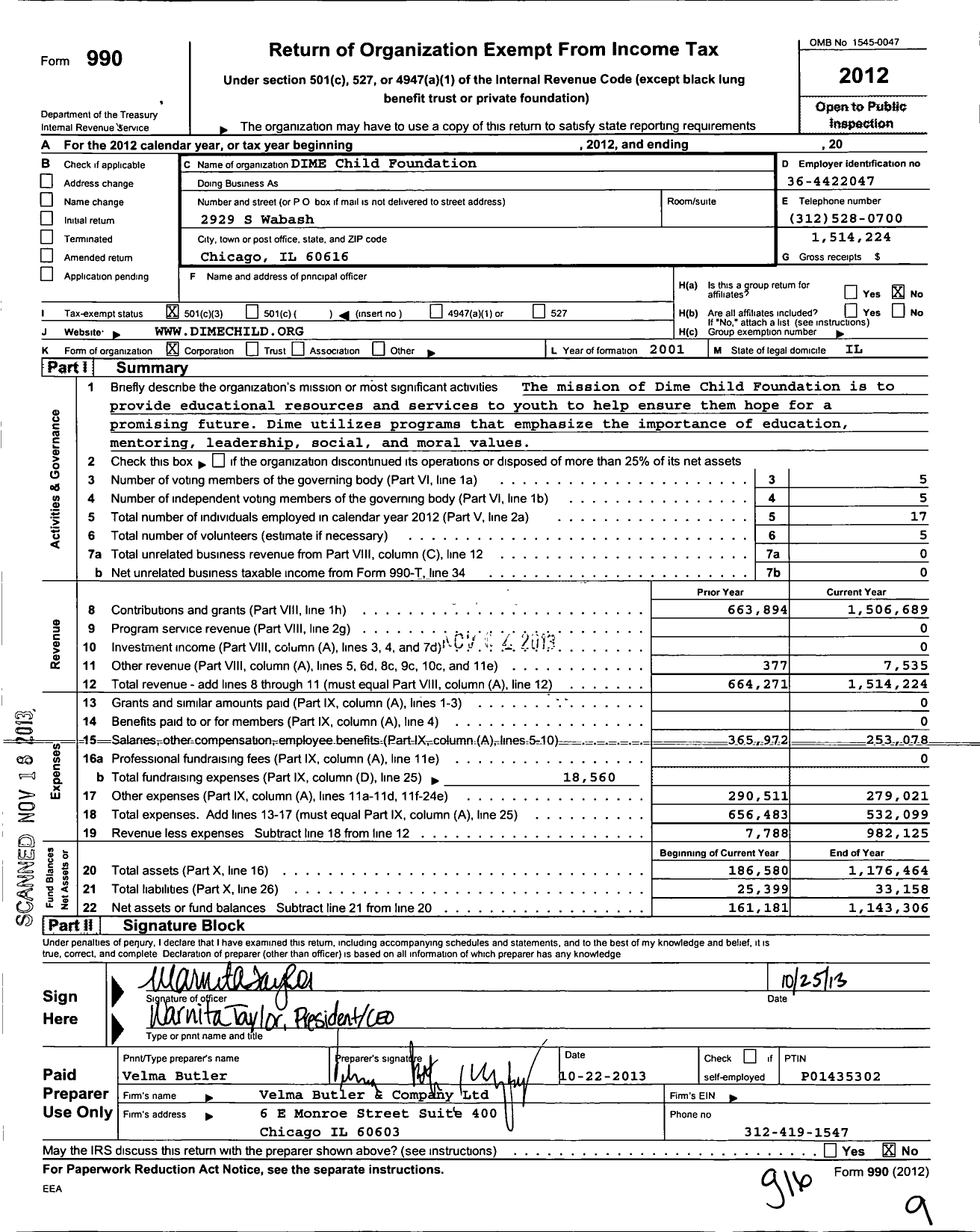 Image of first page of 2012 Form 990 for DIME Child Foundation
