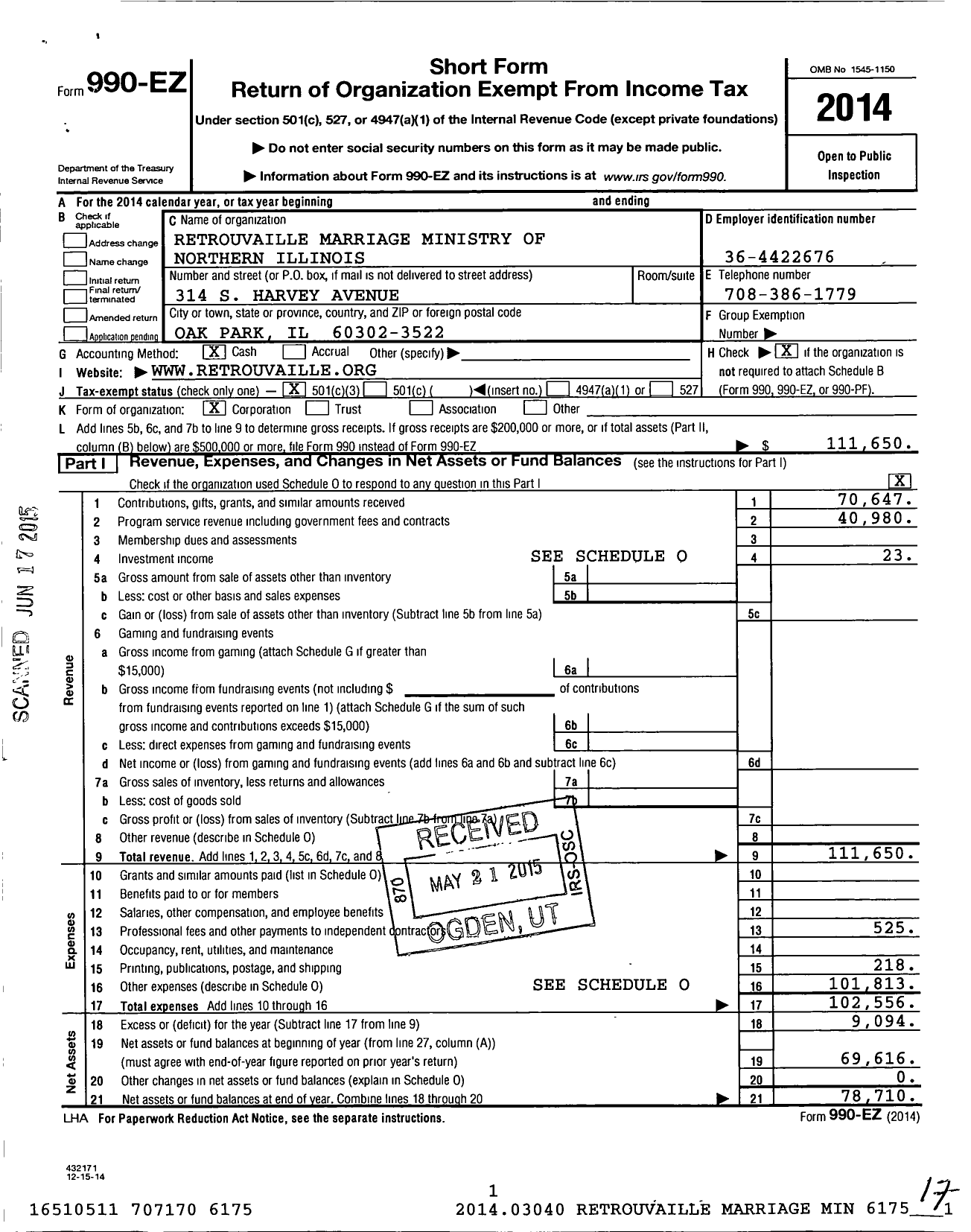 Image of first page of 2014 Form 990EZ for Retrouvaille of Northwest Indiana