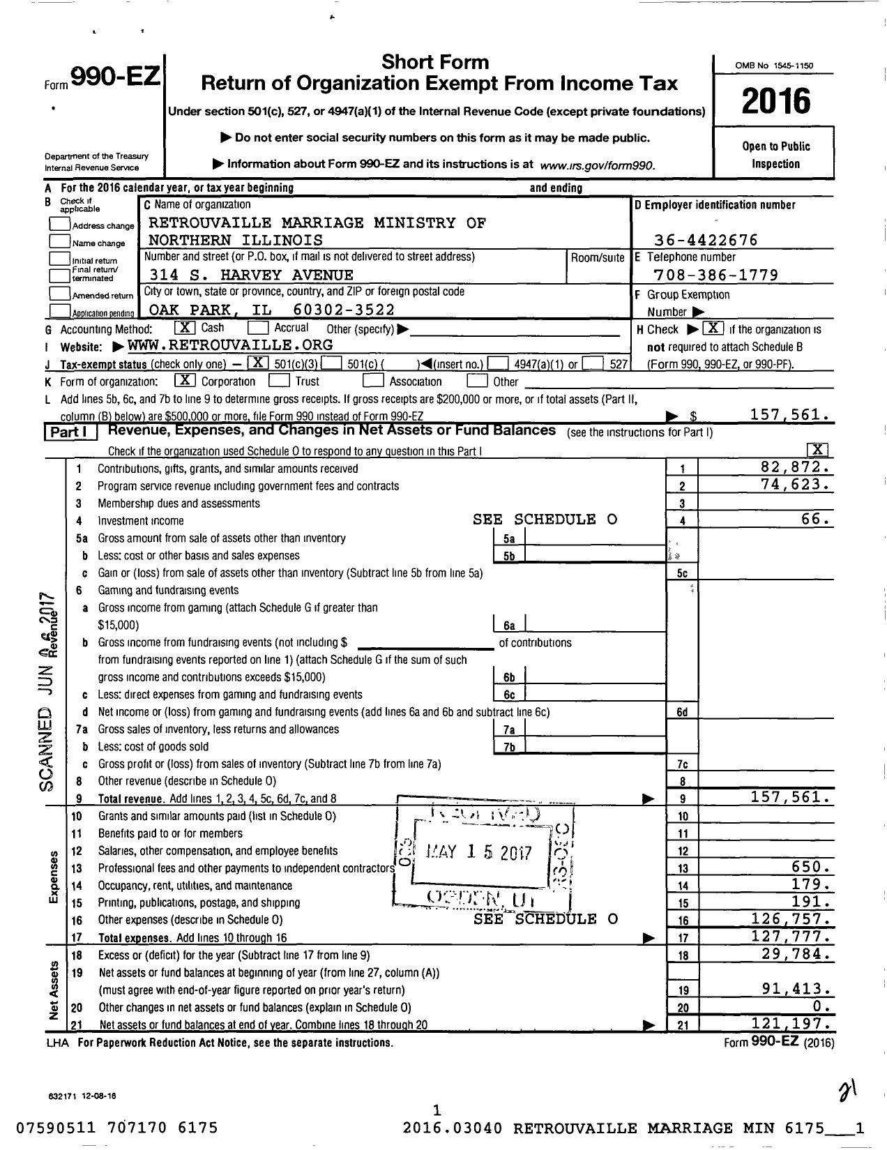 Image of first page of 2016 Form 990EZ for Retrouvaille of Northwest Indiana