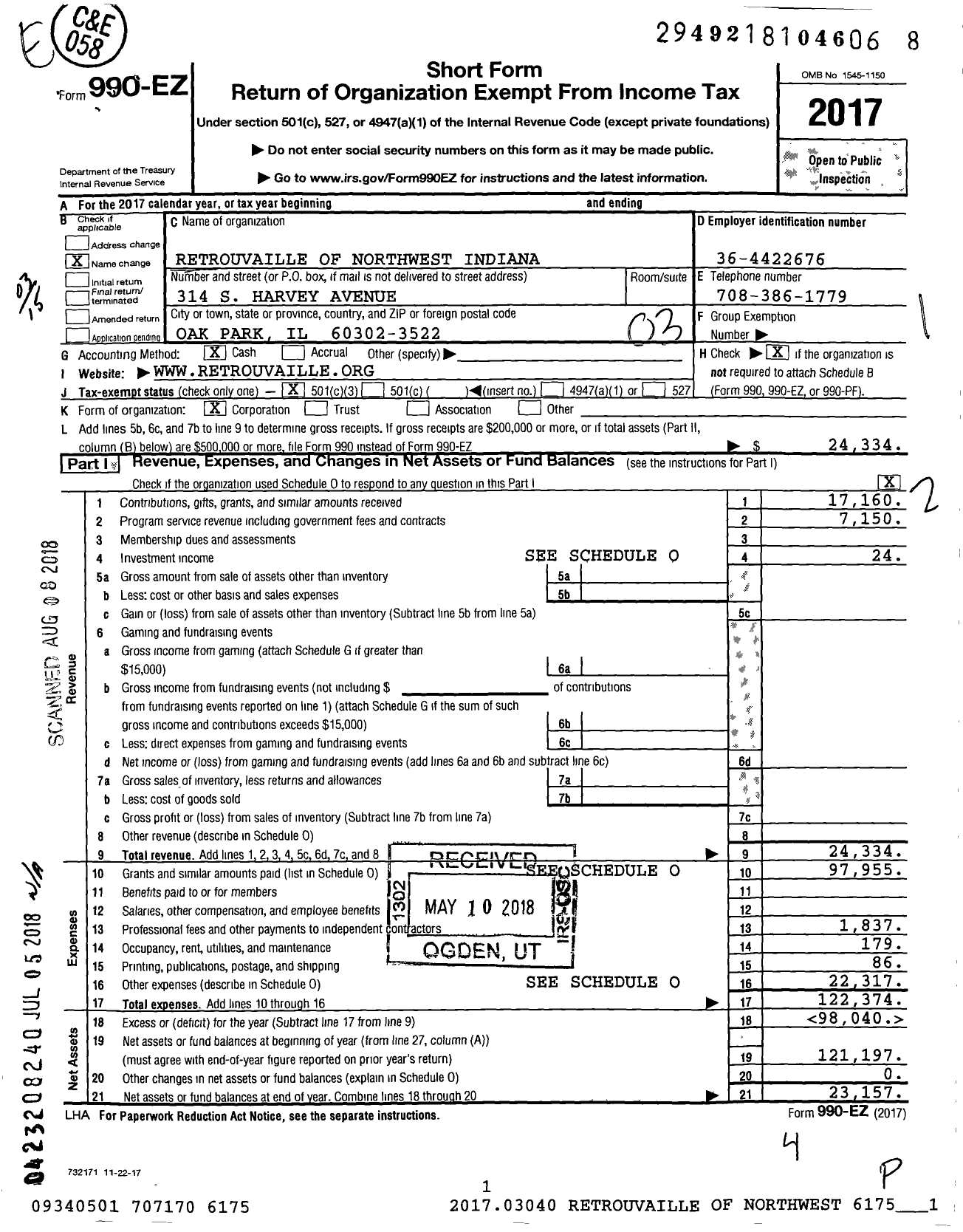 Image of first page of 2017 Form 990EZ for Retrouvaille of Northwest Indiana