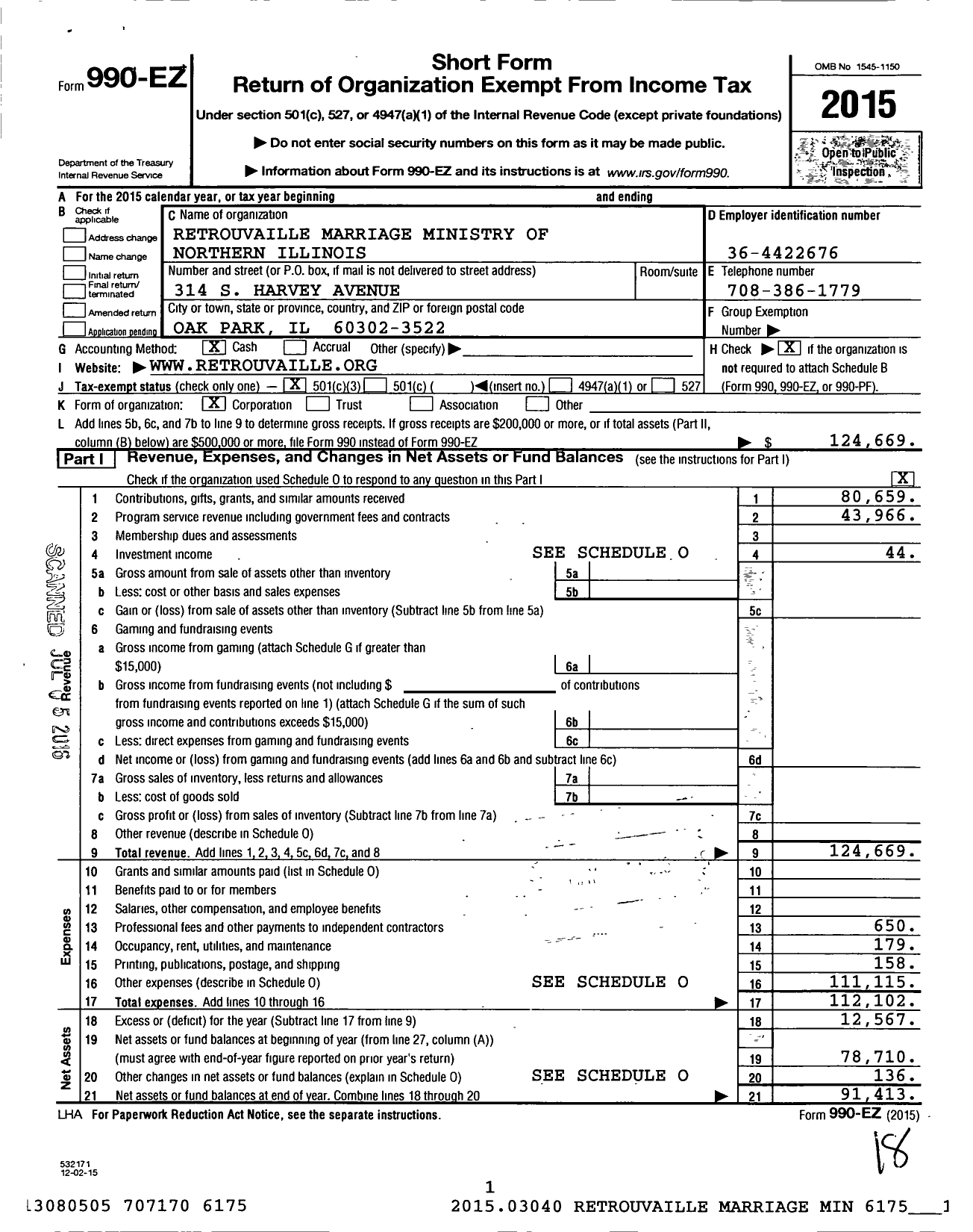 Image of first page of 2015 Form 990EZ for Retrouvaille of Northwest Indiana