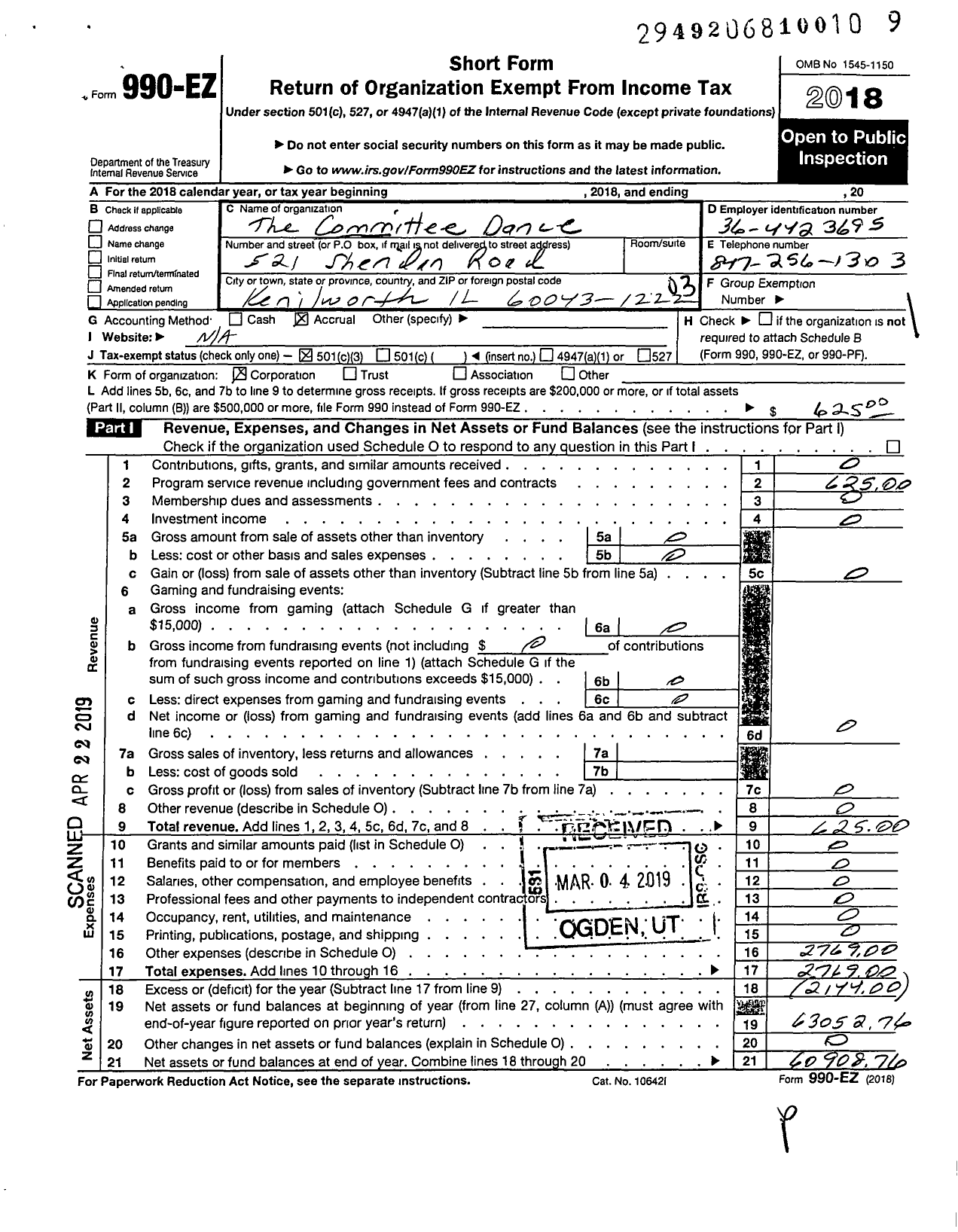 Image of first page of 2018 Form 990EZ for Committee Dance