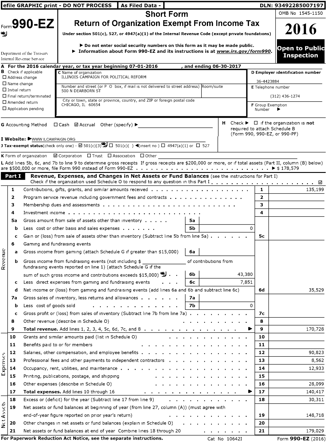 Image of first page of 2016 Form 990EZ for Reform for Illinois
