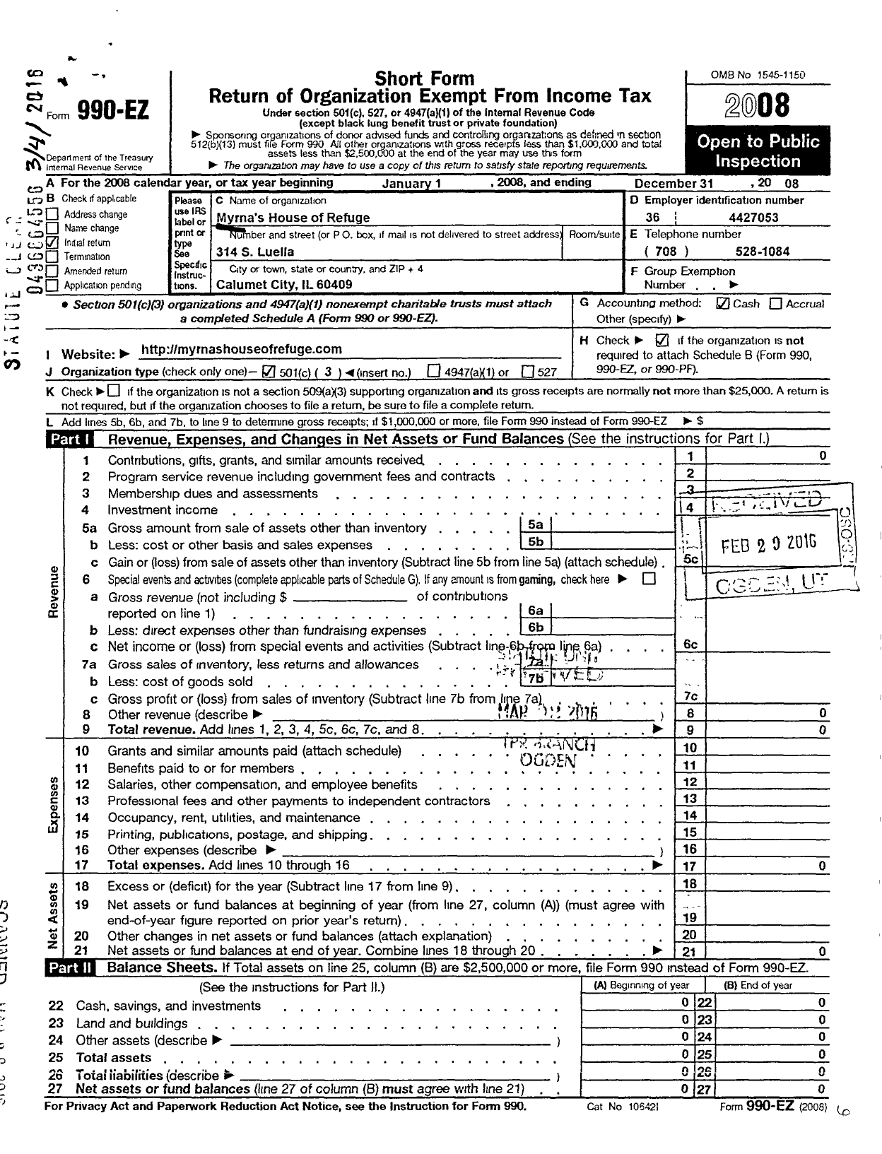 Image of first page of 2008 Form 990EZ for Myrnas House of Refuge