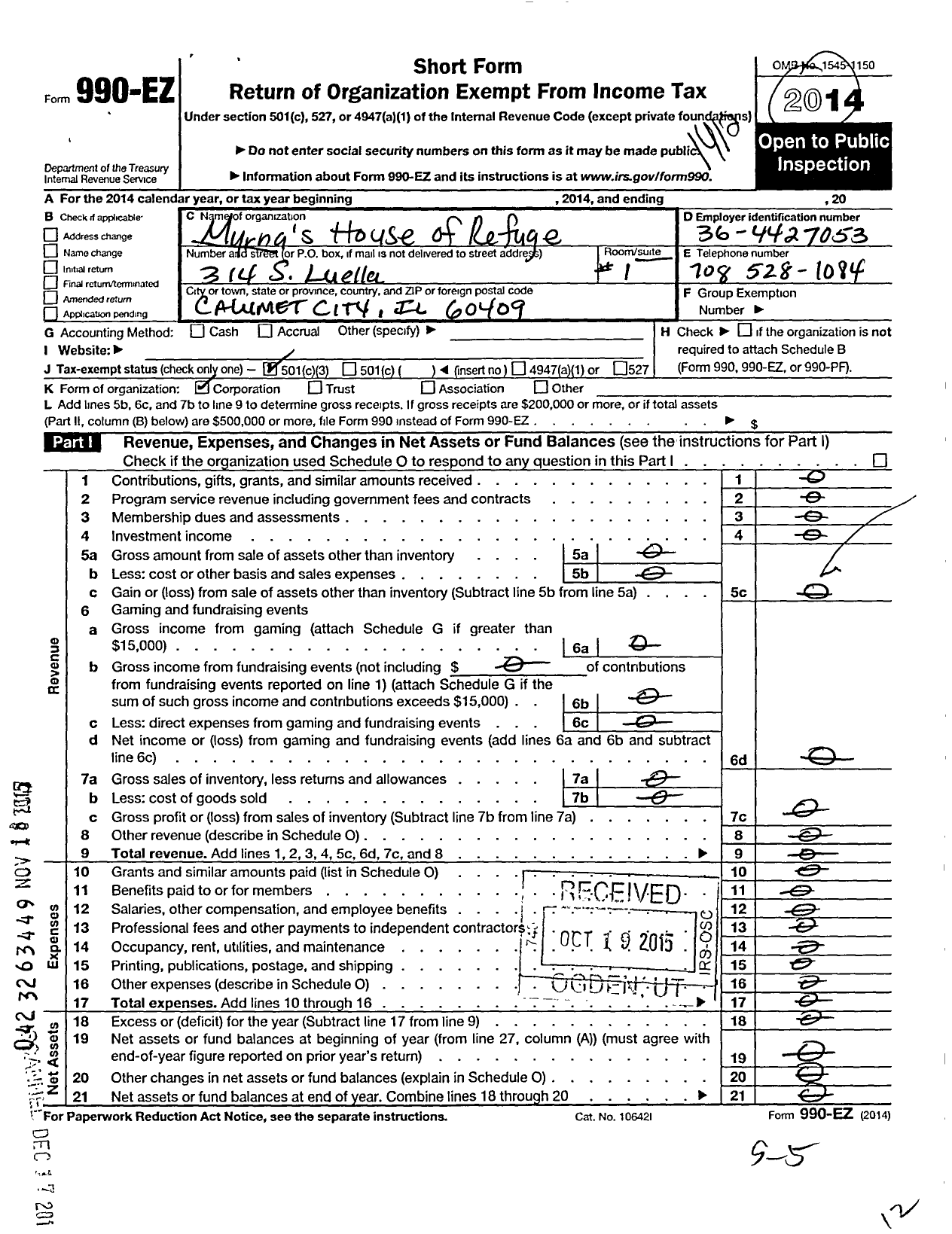 Image of first page of 2014 Form 990EZ for Myrnas House of Refuge