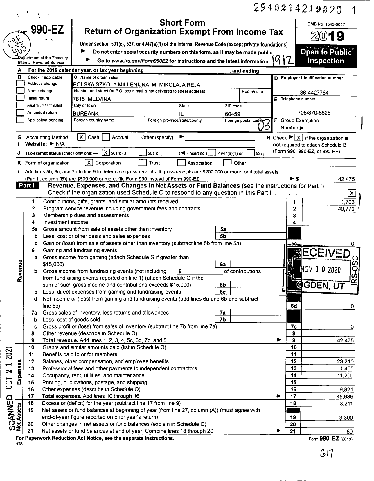 Image of first page of 2019 Form 990EZ for Polska Szkola Millenijna Im Mikolaja Reja