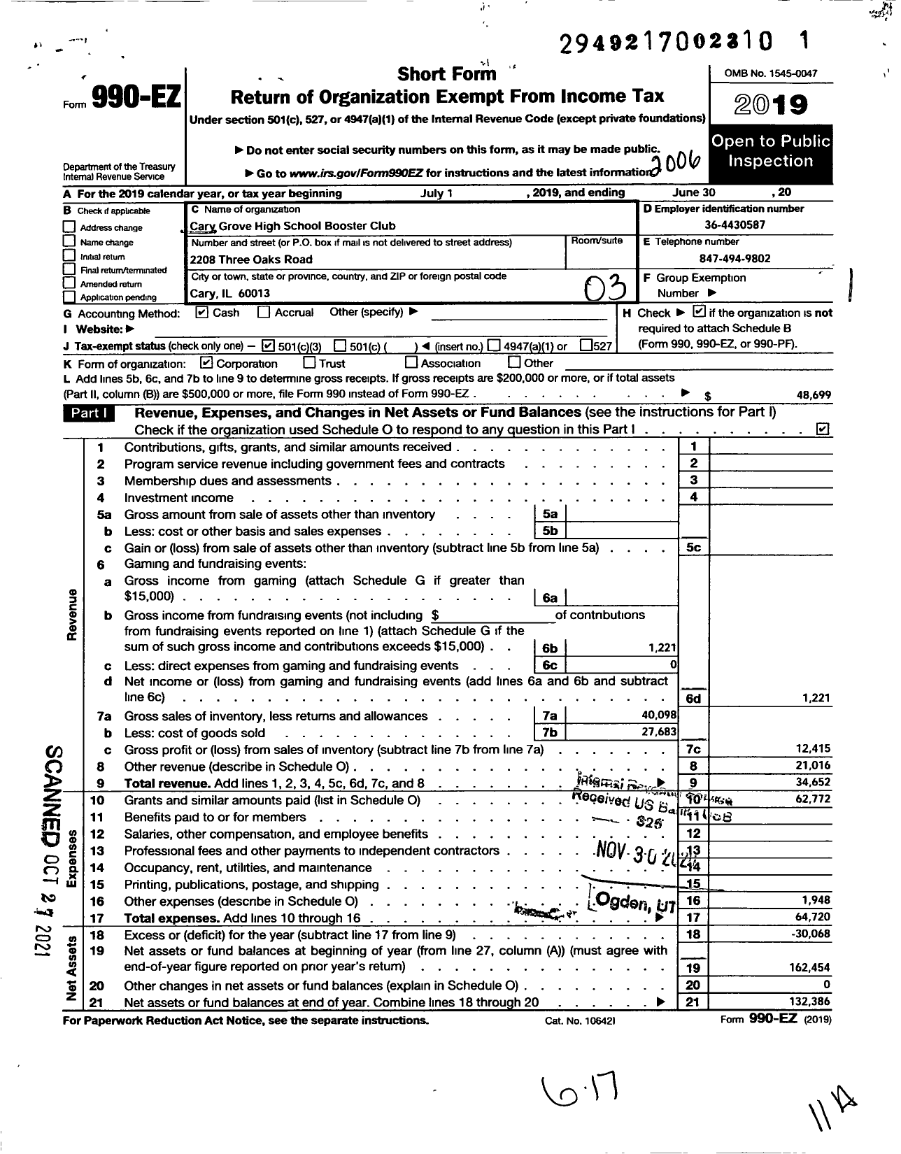 Image of first page of 2019 Form 990EZ for Cary Grove High School Booster Club