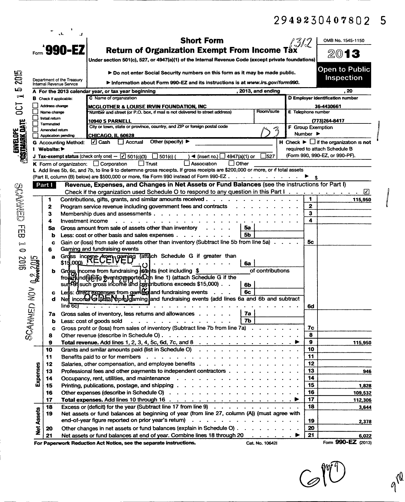 Image of first page of 2013 Form 990EZ for MC Glover and Louise Irvin Foundation