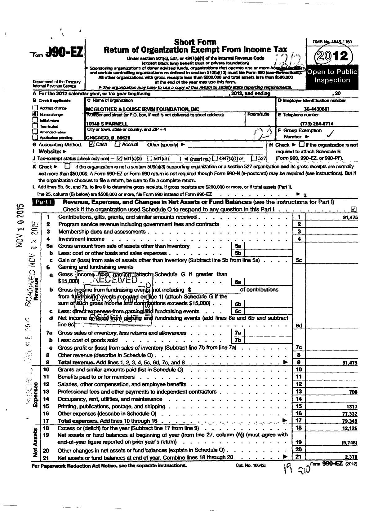 Image of first page of 2012 Form 990EZ for MC Glover and Louise Irvin Foundation