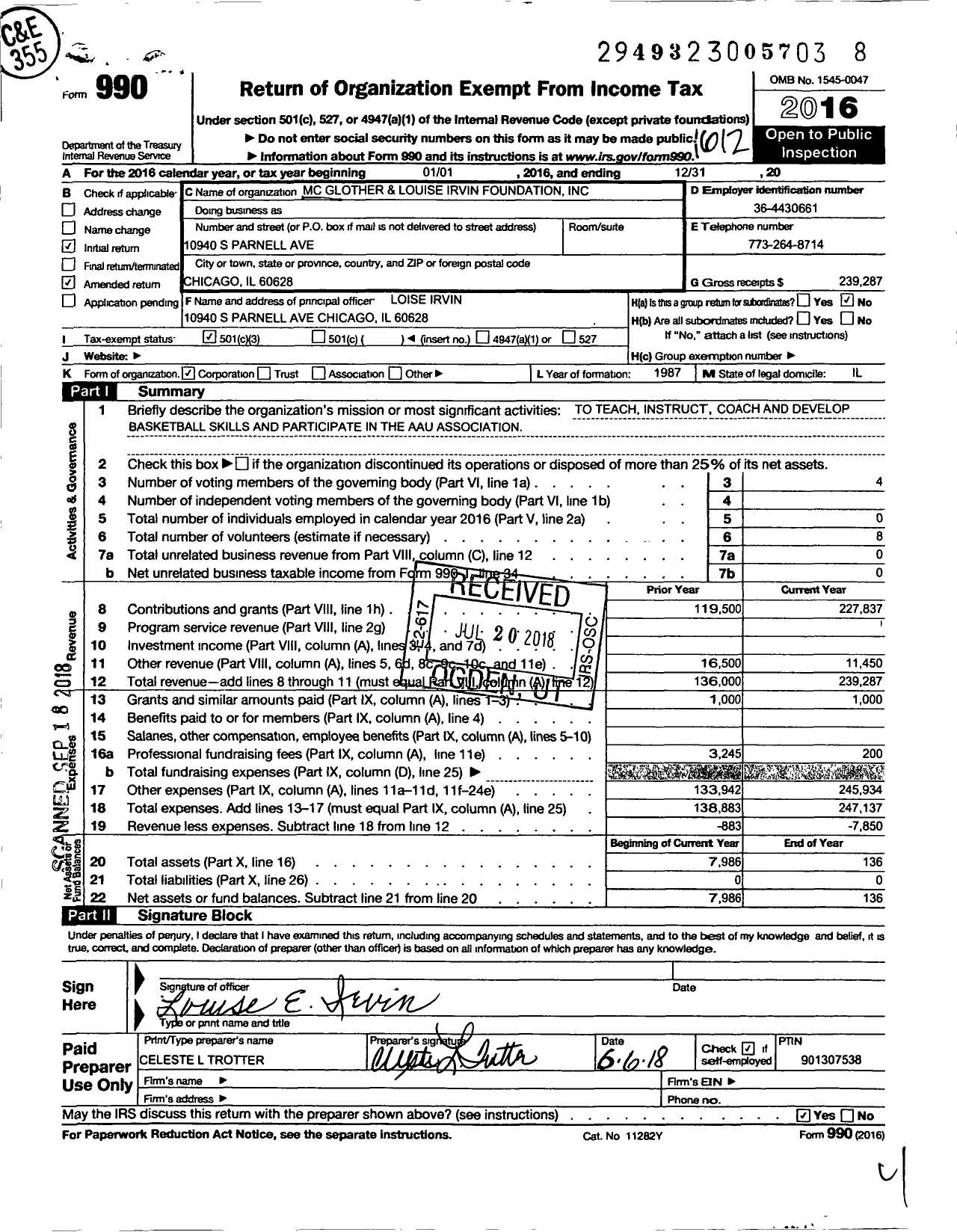 Image of first page of 2016 Form 990 for MC Glover and Louise Irvin Foundation