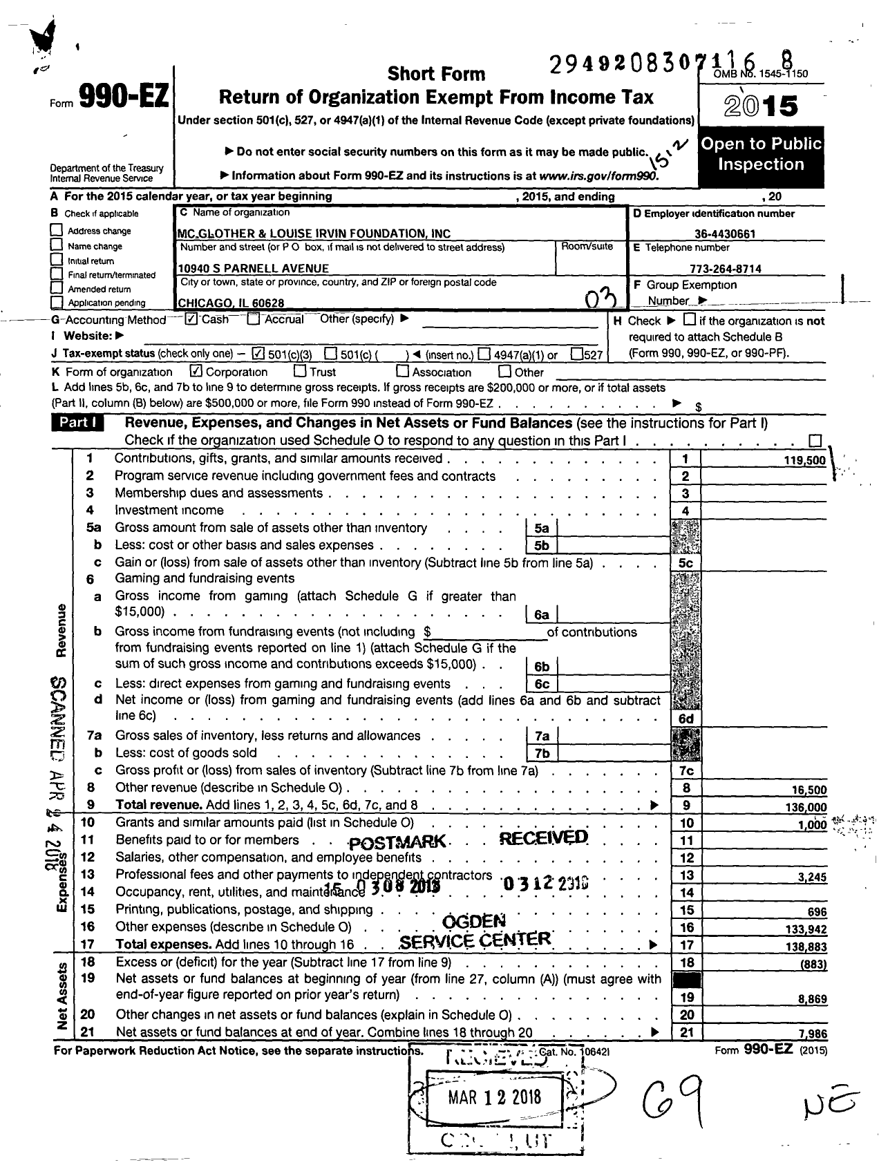 Image of first page of 2015 Form 990EZ for MC Glover and Louise Irvin Foundation