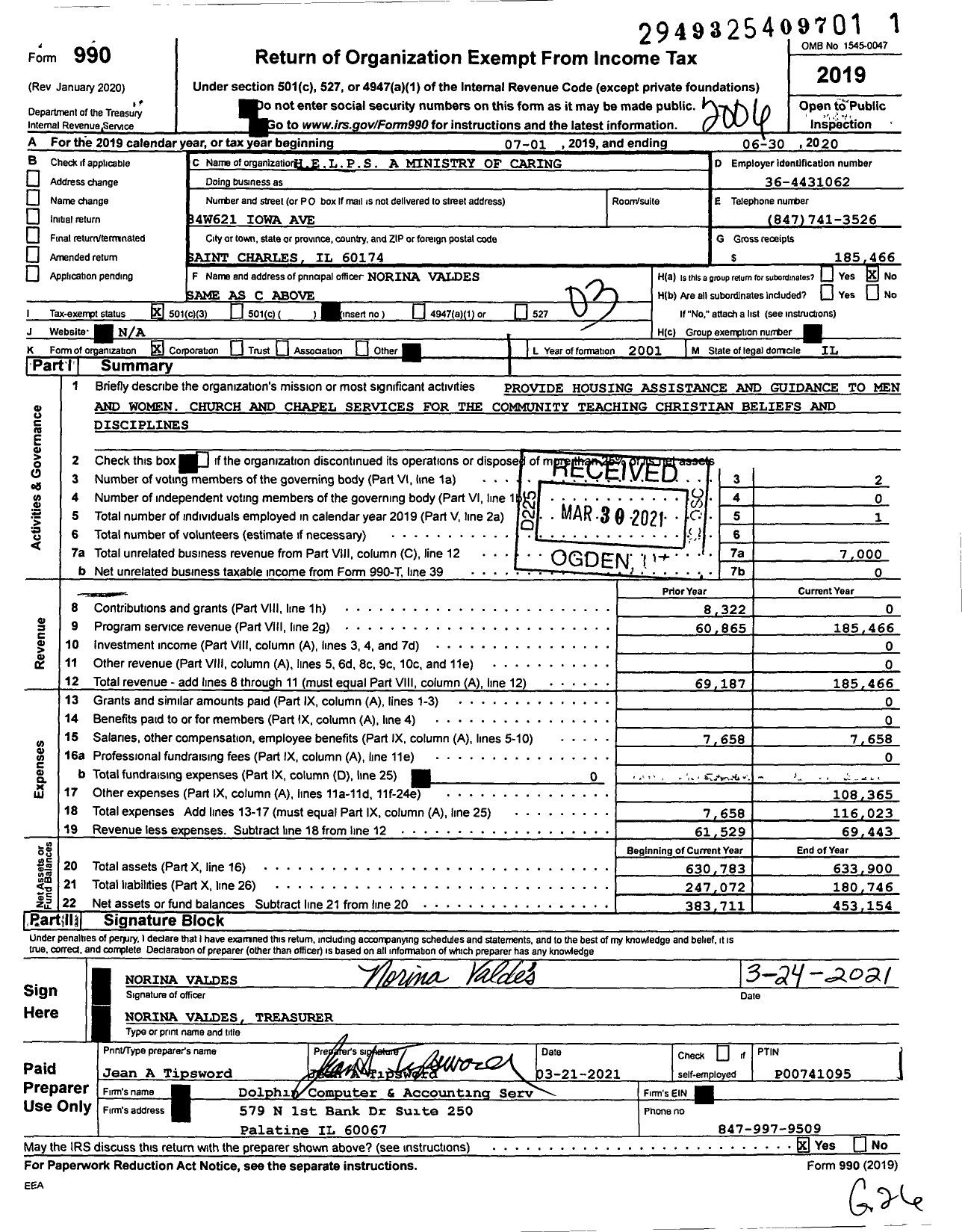 Image of first page of 2019 Form 990 for HELPS A Ministry of Caring