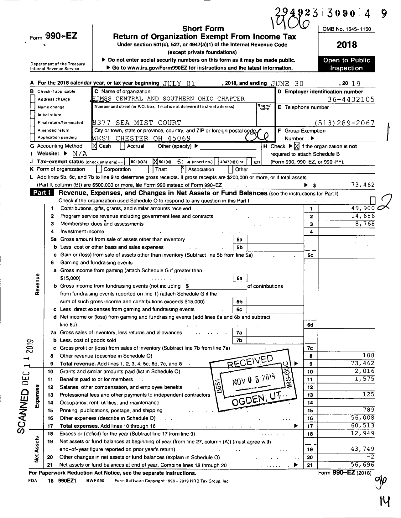 Image of first page of 2018 Form 990EO for Himss Central and Southern Ohio Chapter