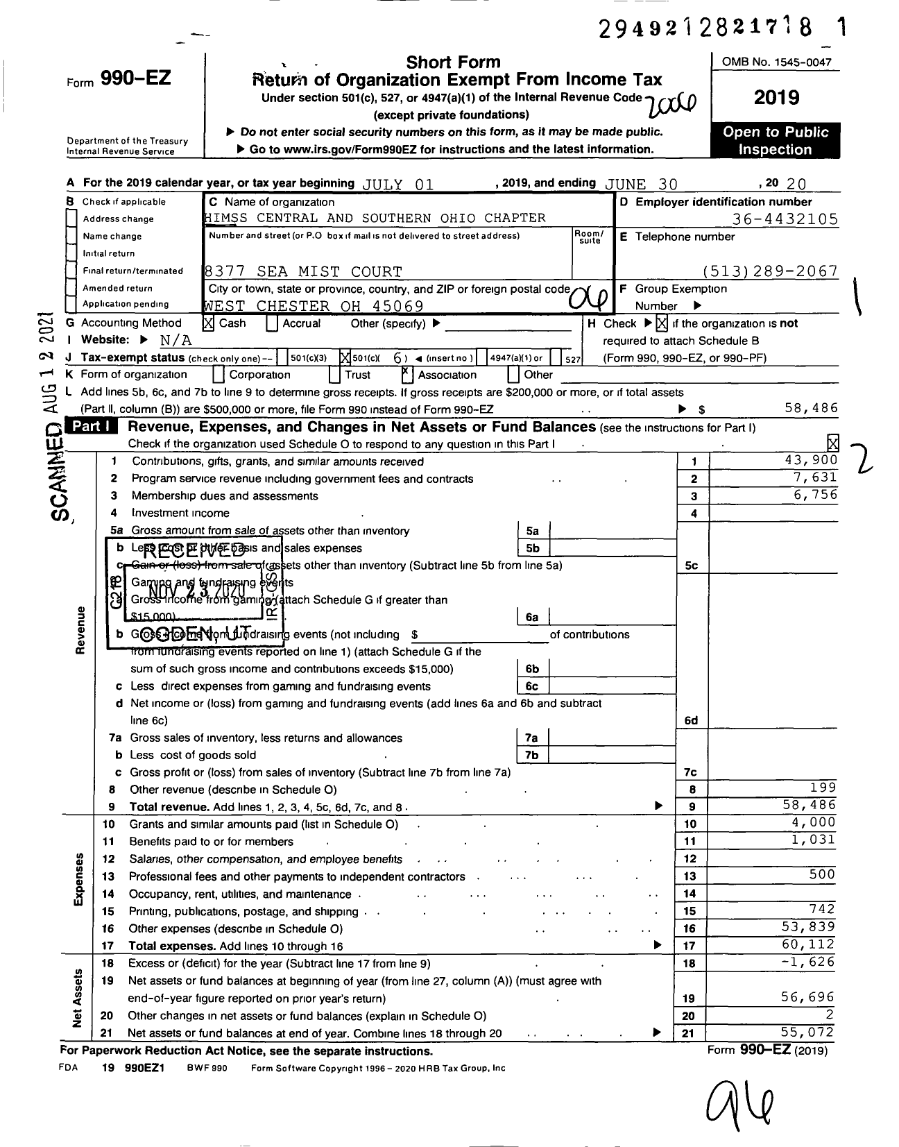 Image of first page of 2019 Form 990EO for Himss Central and Southern Ohio Chapter