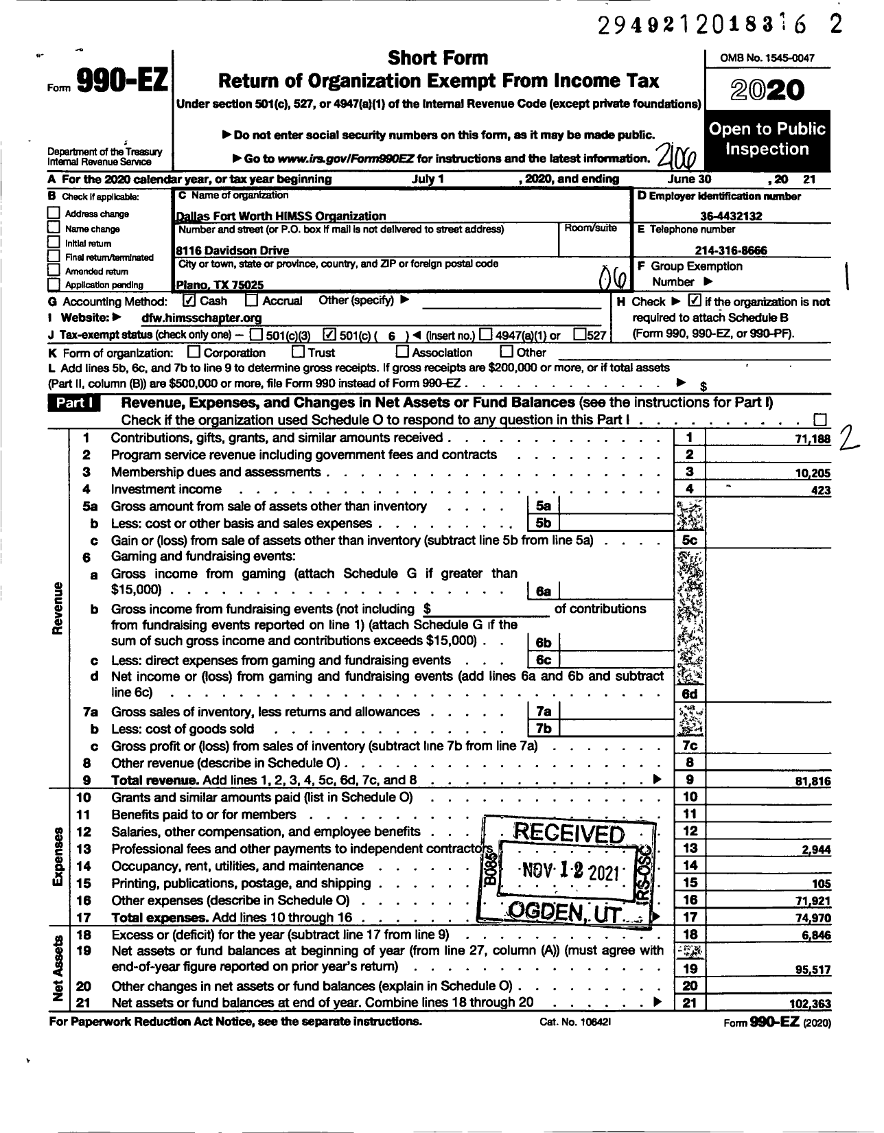 Image of first page of 2020 Form 990EO for Dallas Fort Worth Himss Organization