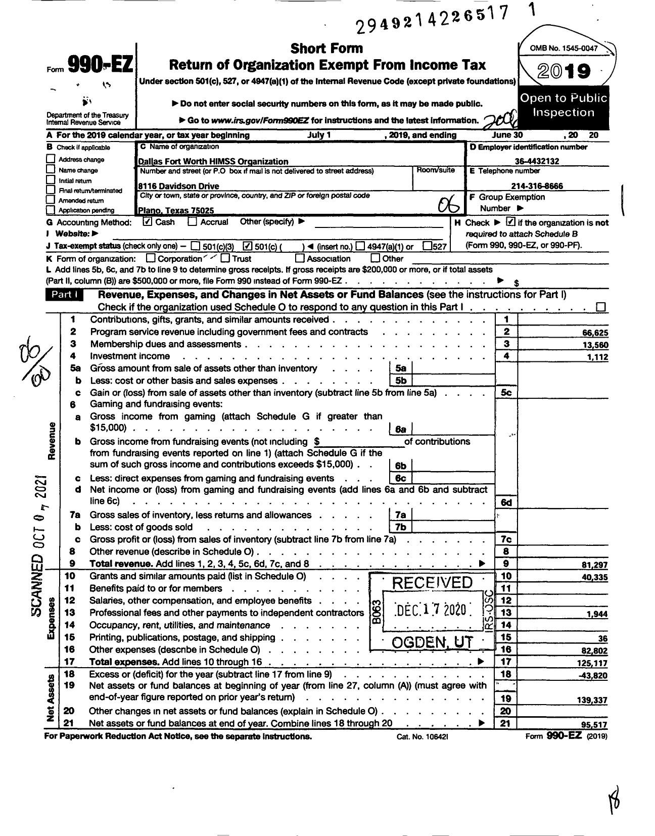 Image of first page of 2019 Form 990EO for Dallas Fort Worth Himss Organization