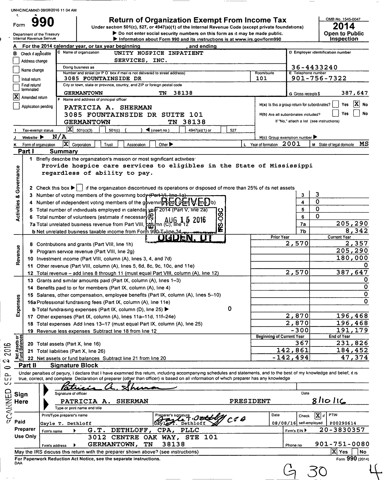 Image of first page of 2014 Form 990 for Unity Hospice Inpatient Services