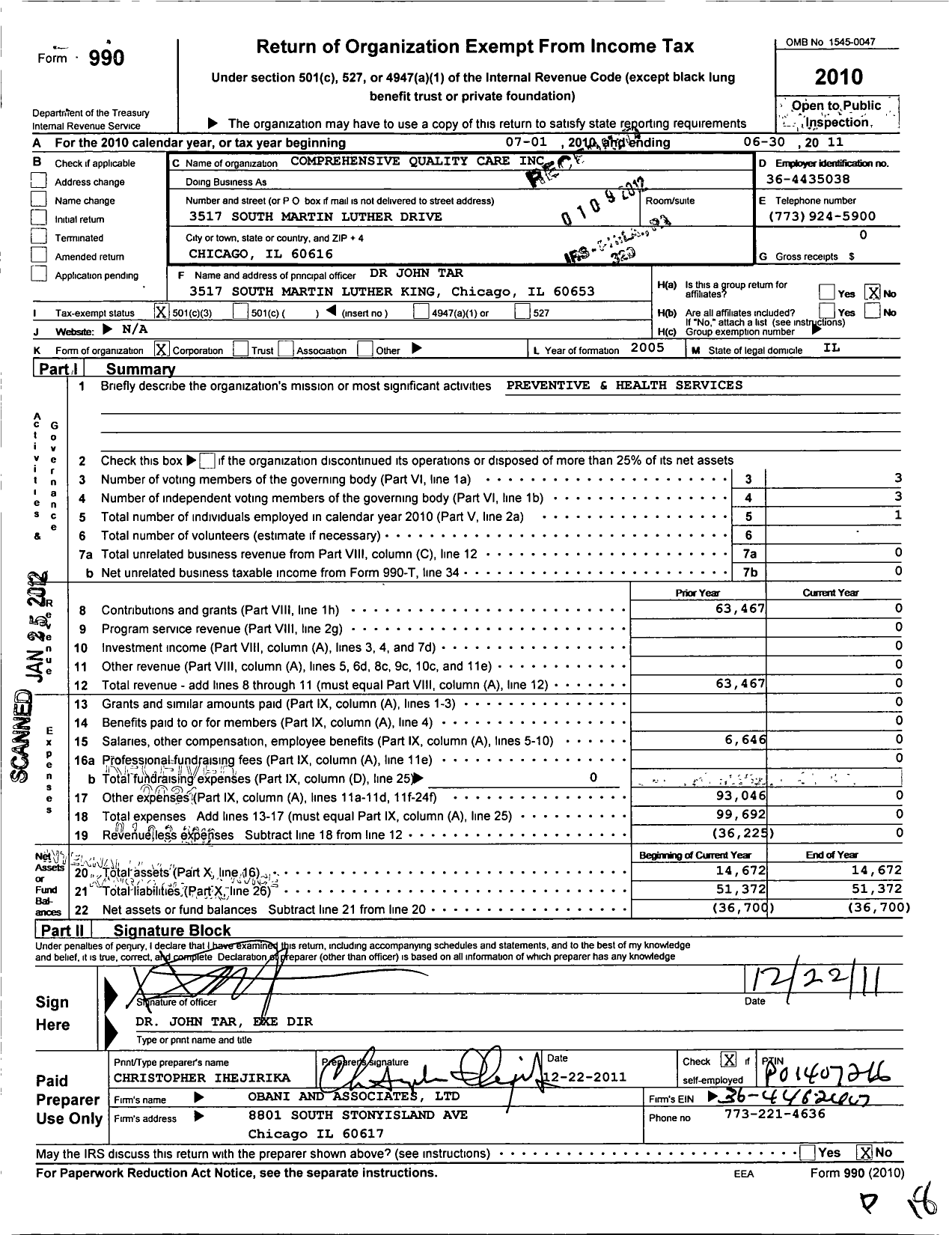 Image of first page of 2010 Form 990 for Comprehensive Quality Care