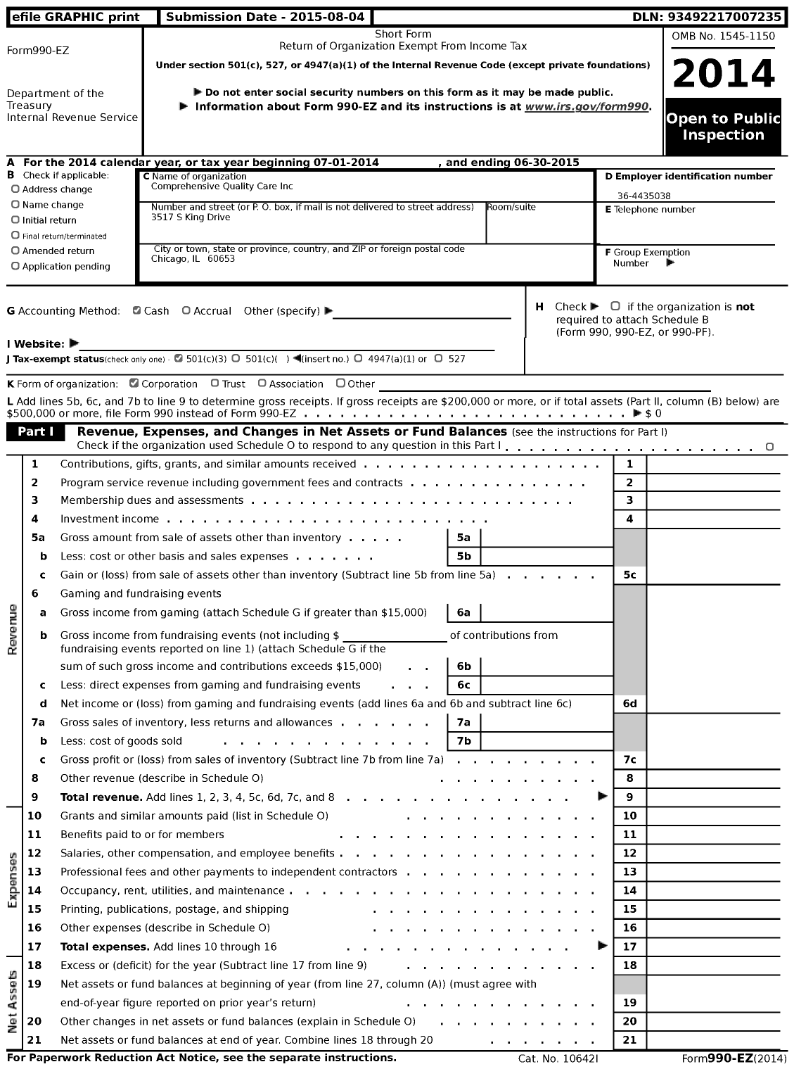 Image of first page of 2014 Form 990EZ for Comprehensive Quality Care