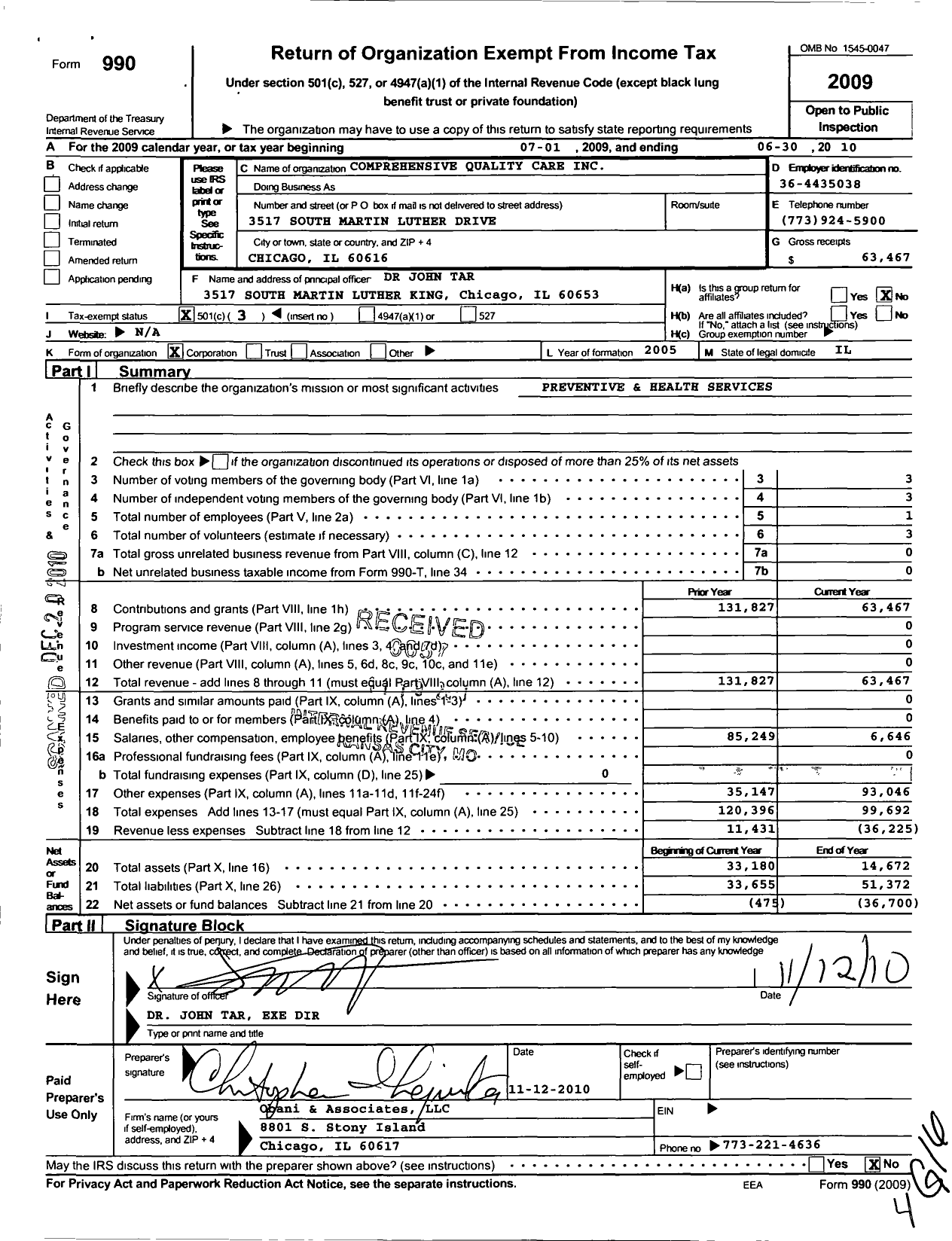 Image of first page of 2009 Form 990 for Comprehensive Quality Care