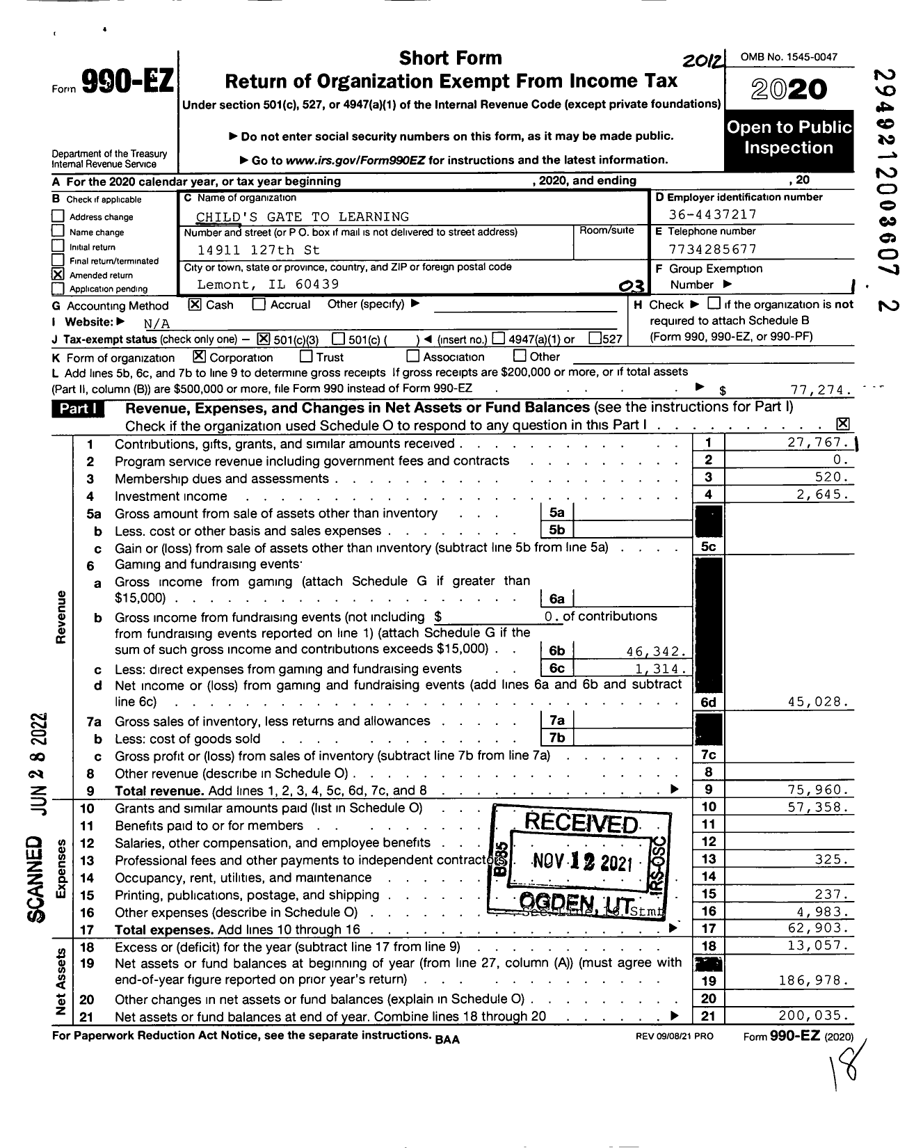 Image of first page of 2020 Form 990EZ for Child's Gate To Learning