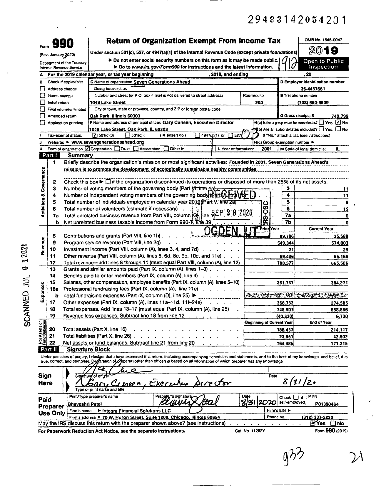 Image of first page of 2019 Form 990 for Seven Generations Ahead (SGA)