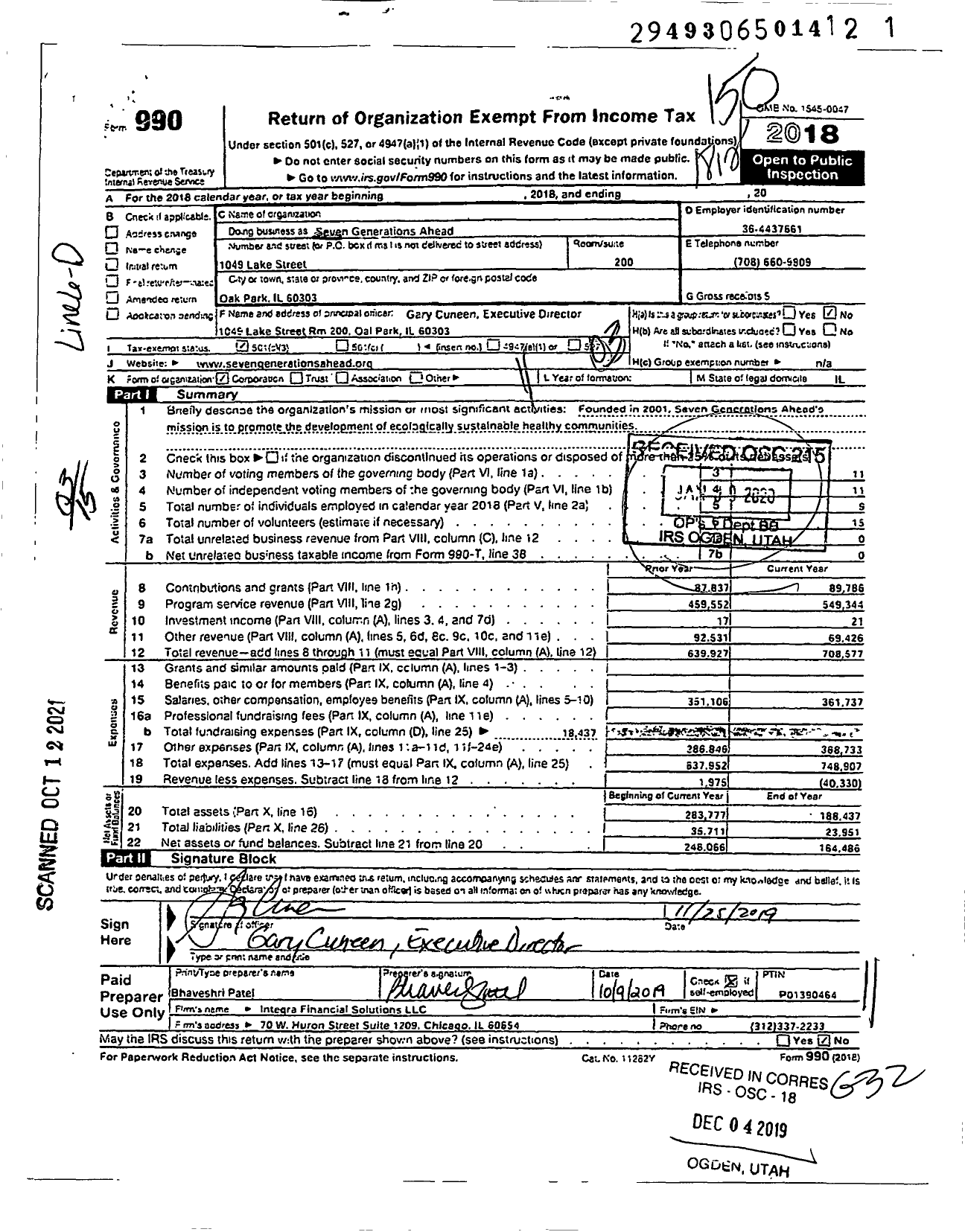 Image of first page of 2018 Form 990 for Seven Generations Ahead (SGA)