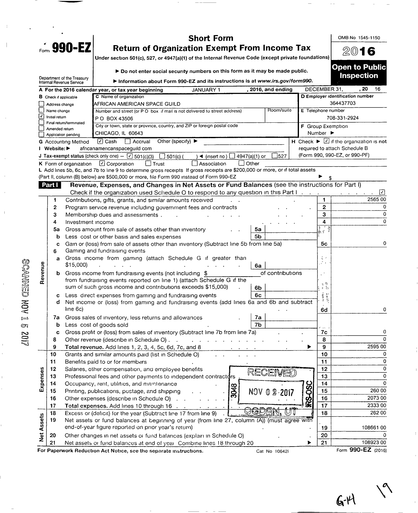 Image of first page of 2016 Form 990EZ for African American Space Guild