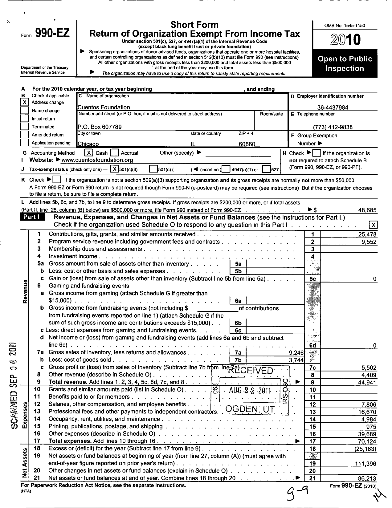 Image of first page of 2010 Form 990EZ for Cuentos Foundation