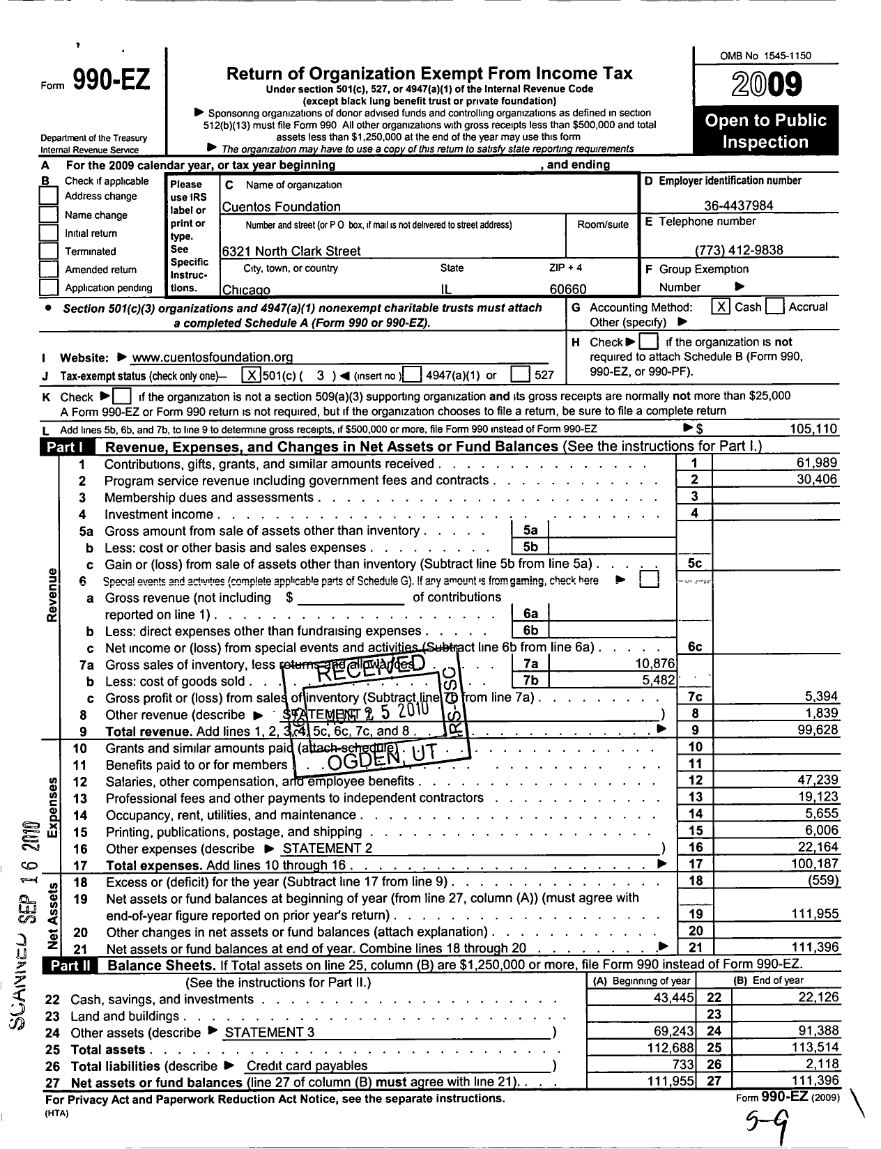 Image of first page of 2009 Form 990EZ for Cuentos Foundation