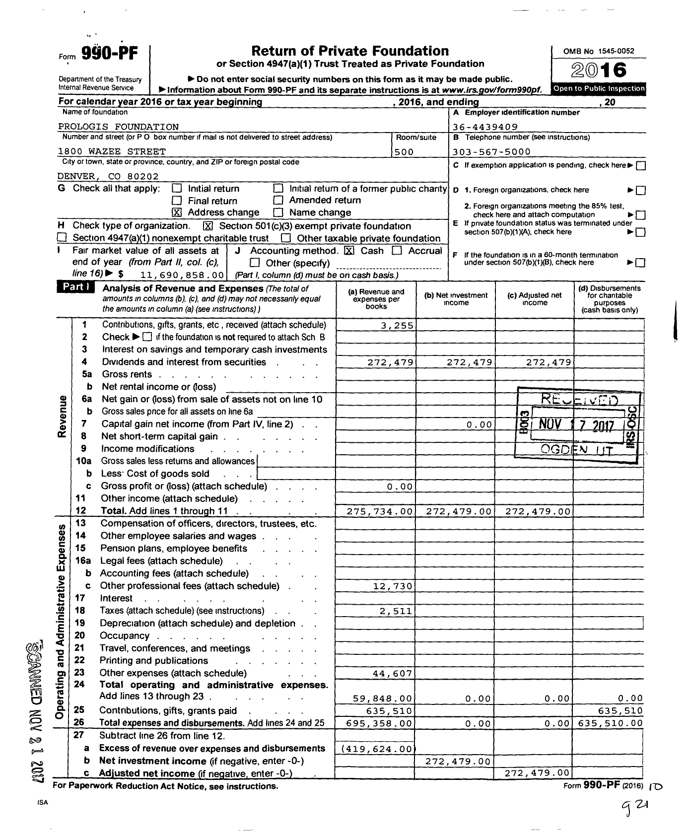 Image of first page of 2016 Form 990PF for Prologis Foundation