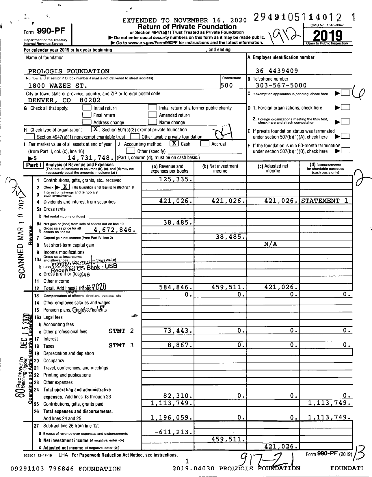 Image of first page of 2019 Form 990PF for Prologis Foundation