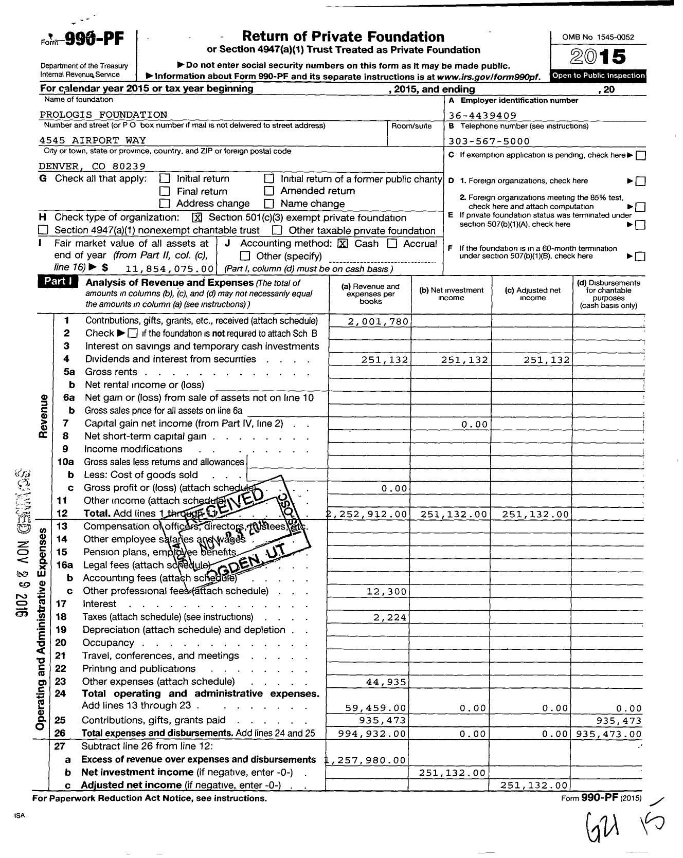 Image of first page of 2015 Form 990PF for Prologis Foundation
