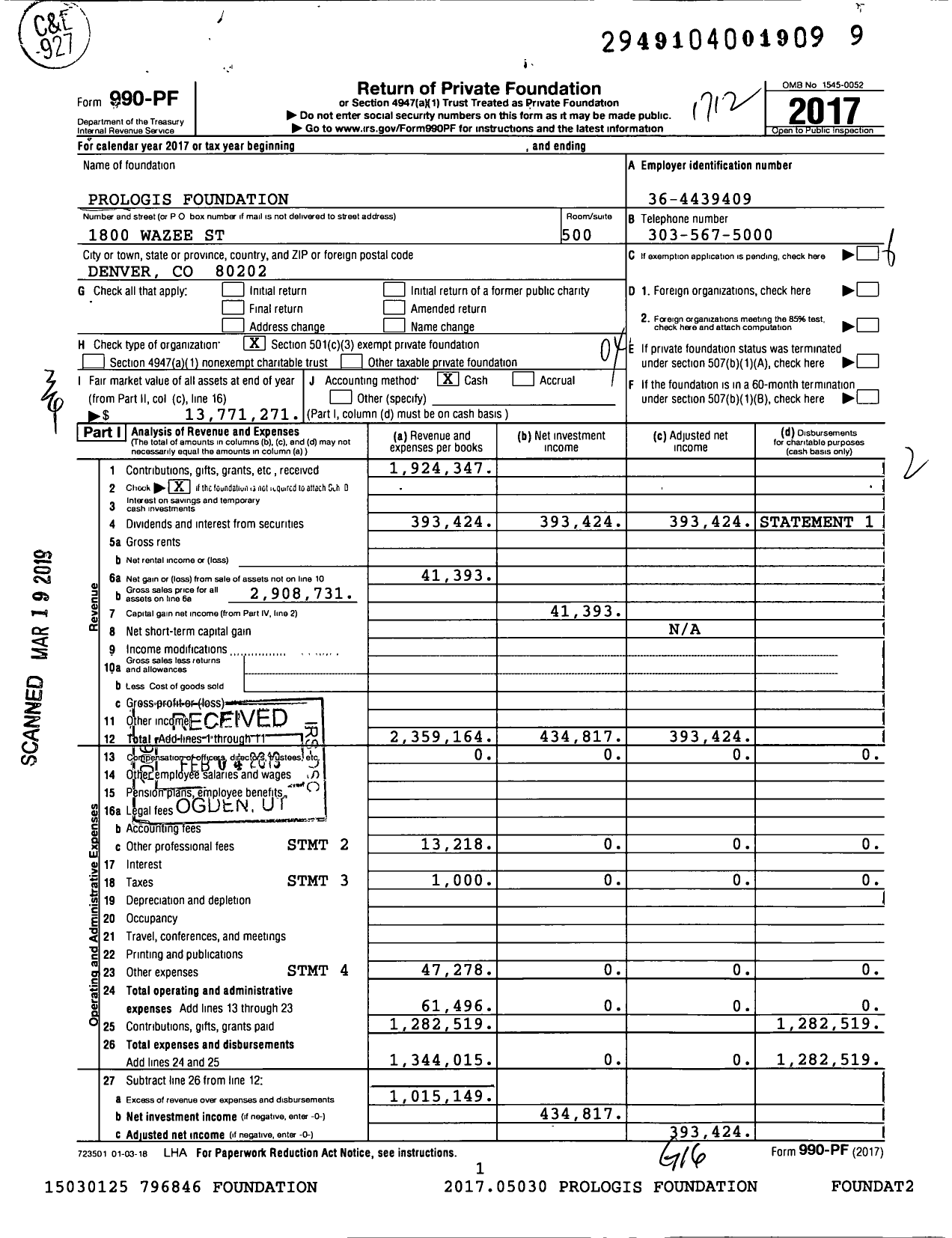 Image of first page of 2017 Form 990PF for Prologis Foundation