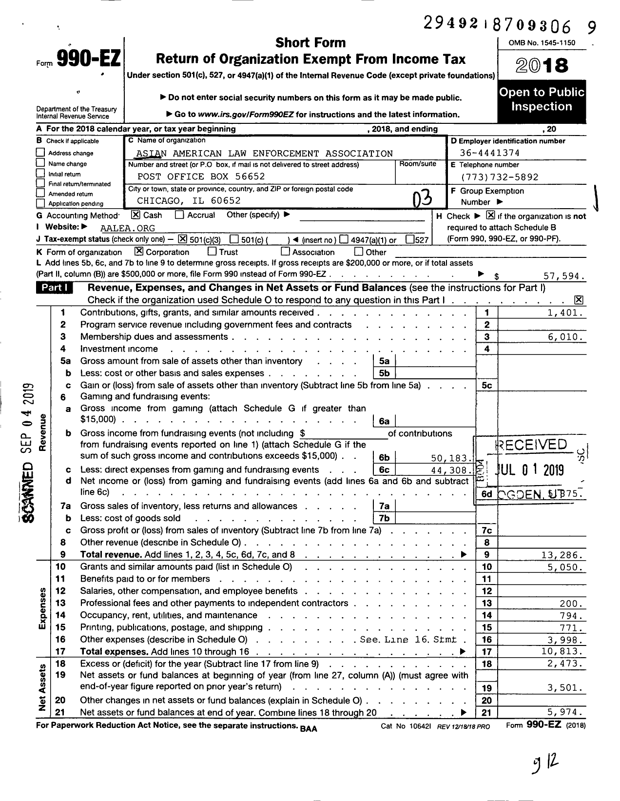 Image of first page of 2018 Form 990EZ for Asian American Law Enforcement Association