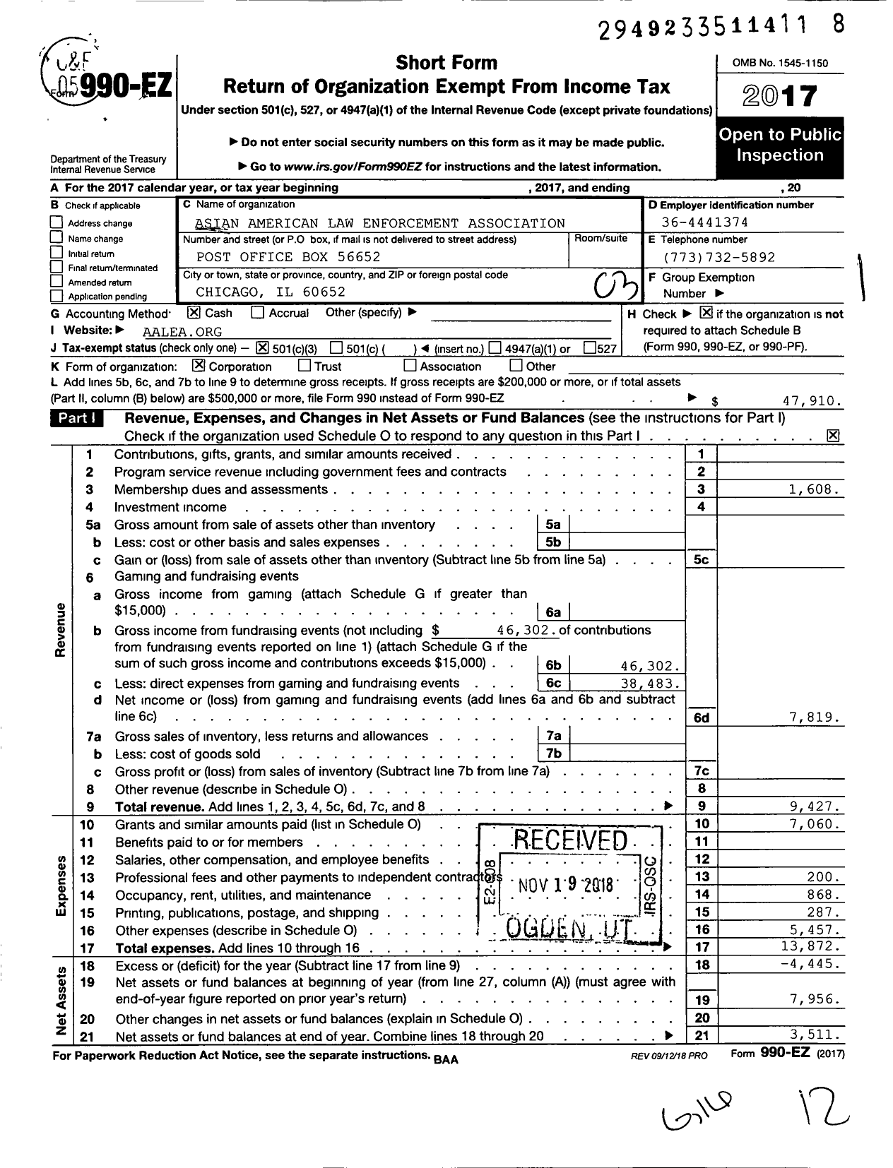 Image of first page of 2017 Form 990EZ for Asian American Law Enforcement Association