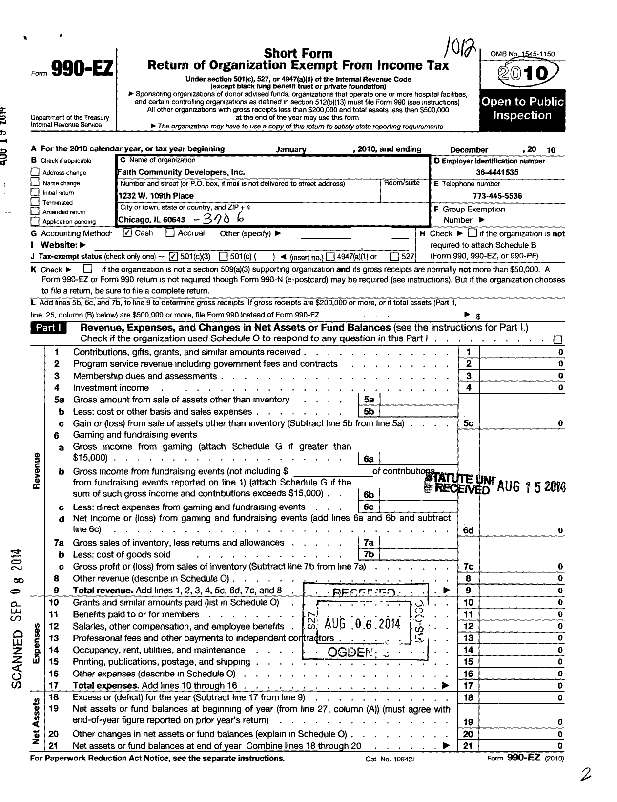 Image of first page of 2010 Form 990EZ for Faith Community Developers