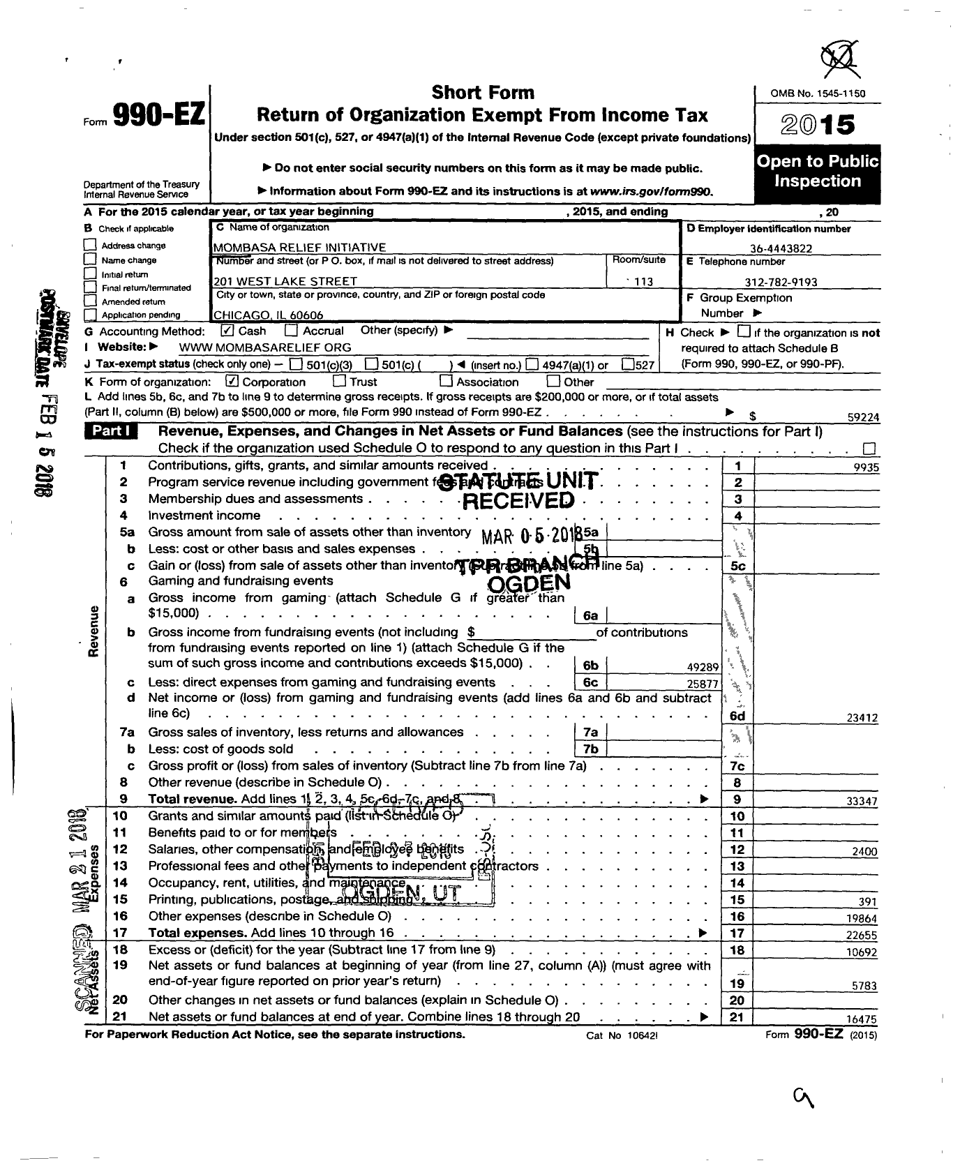 Image of first page of 2015 Form 990EOA for Mombassa Relief Initiative