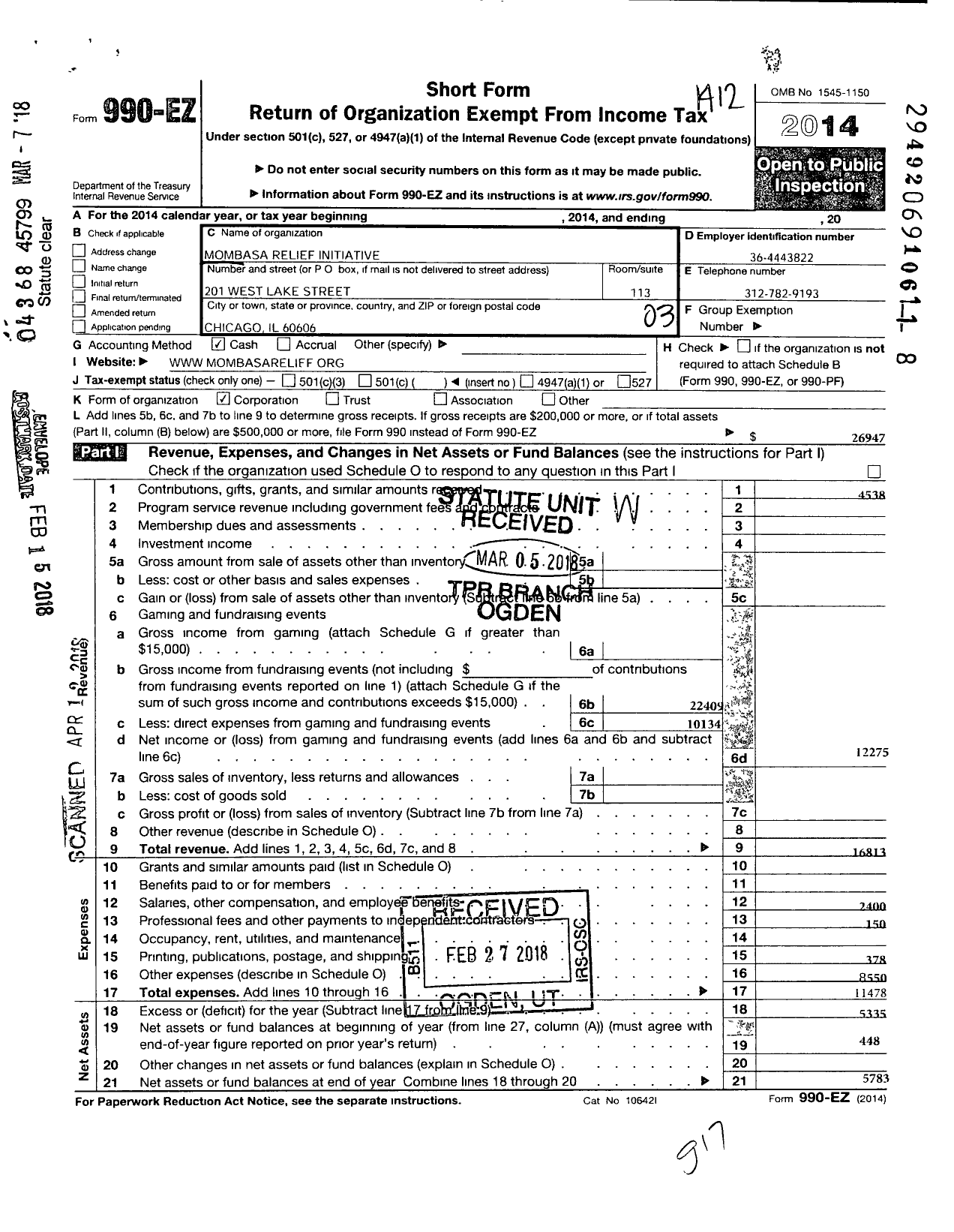 Image of first page of 2014 Form 990EZ for Mombassa Relief Initiative